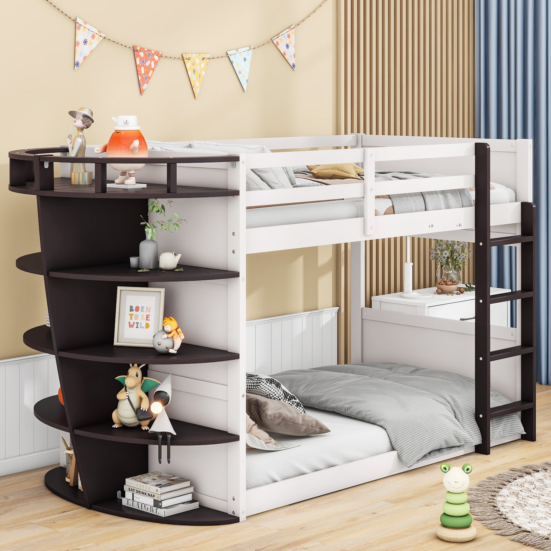 Twin over Twin Boat-Like Shape Bunk Bed with Storage Shelves, Cream+Espresso--1