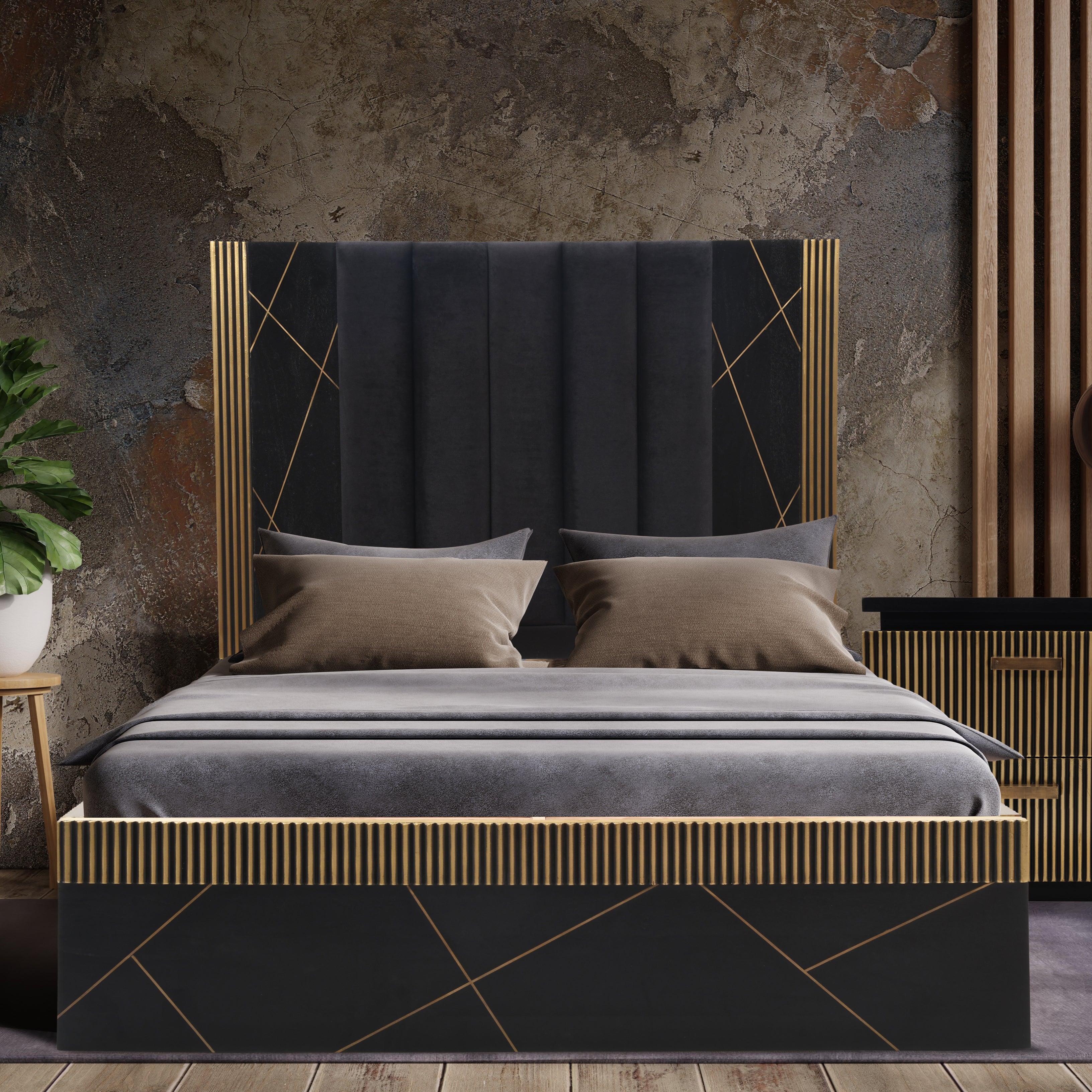 Allure Modern Style Queen Bed Made With Mango Wood and Finished with Brass Metal--1