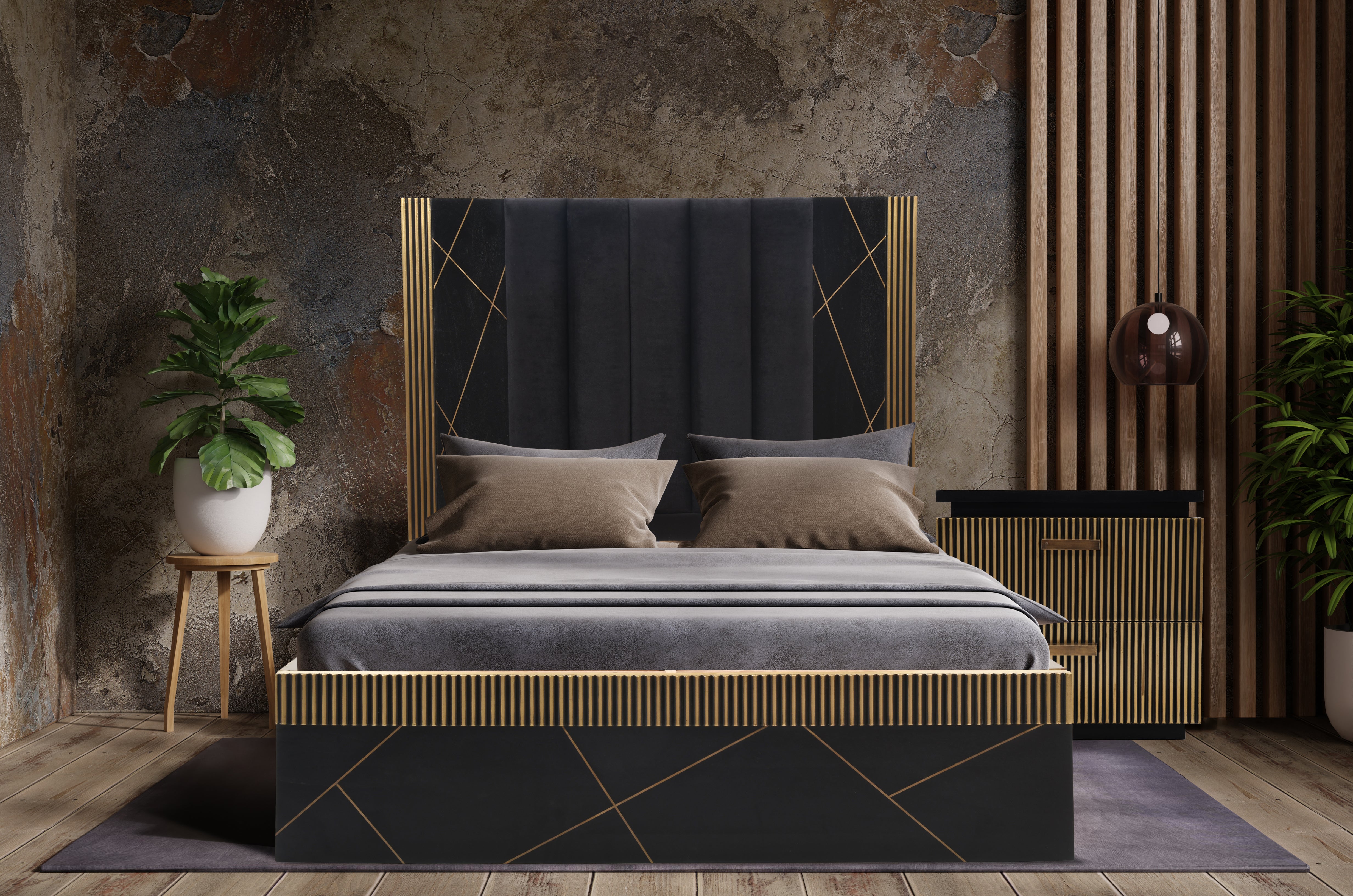 Allure Modern Style Queen Bed Made With Mango Wood and Finished with Brass Metal--1