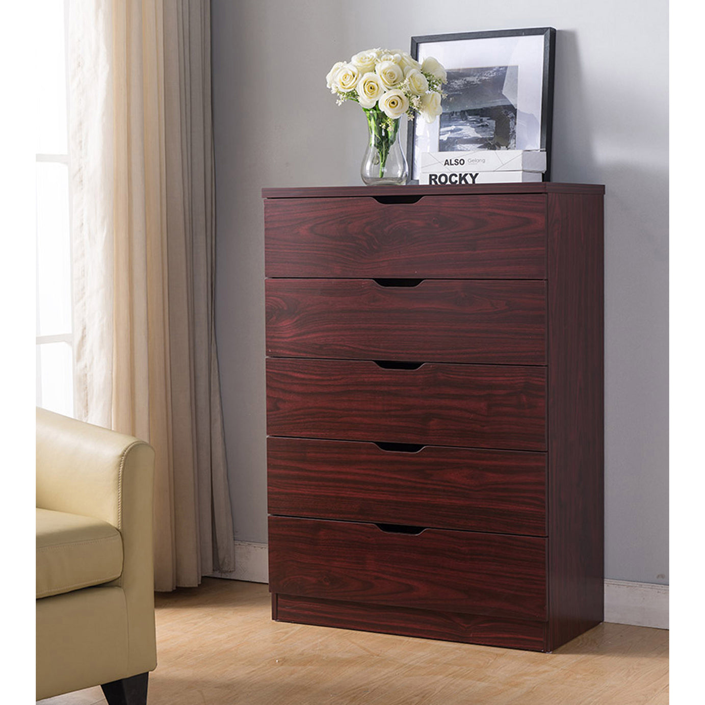 5 Drawer Bedroom Dresser, Home Chest Cabinet with Cut-Out Handles, Mahogany--1