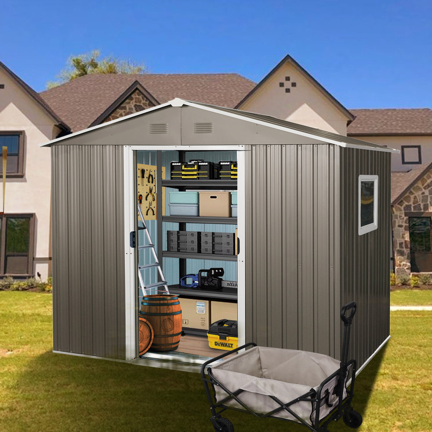 8ft x 6ft Outdoor Metal Storage Shed with Window Grey(W540S00016)--1