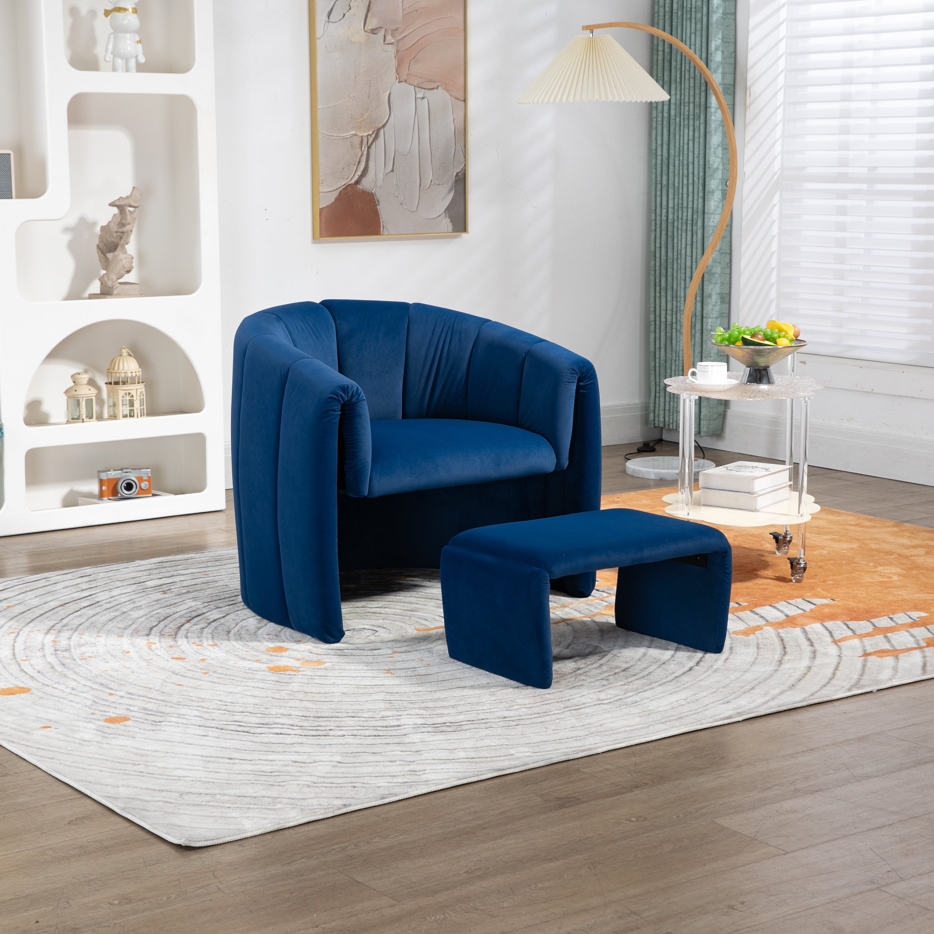 COOLMORE Accent Chair with Ottoman, Mid Century Modern Barrel Chair Upholstered Club Tub Round Arms Chair for Living Room/bedroom/office(Navy velvet)--1