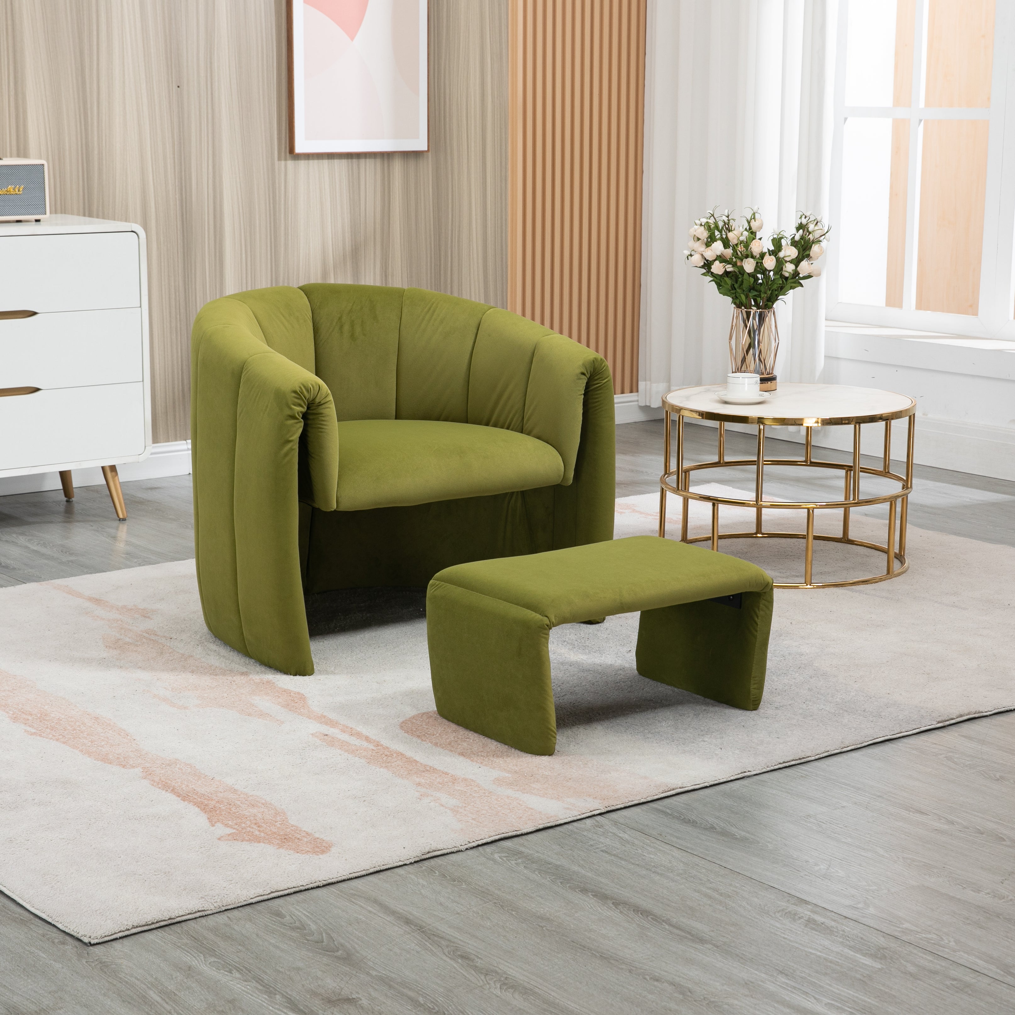 COOLMORE Accent Chair with Ottoman, Mid Century Modern Barrel Chair Upholstered Club Tub Round Arms Chair for Living Room/bedroom/office(Olive Green velvet)--1