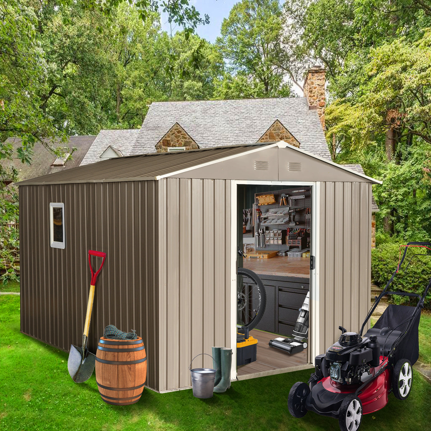 8ft x 10ft Outdoor Metal Storage Shed with Metal Floor Base,with Window,Grey(W540S00017)--1