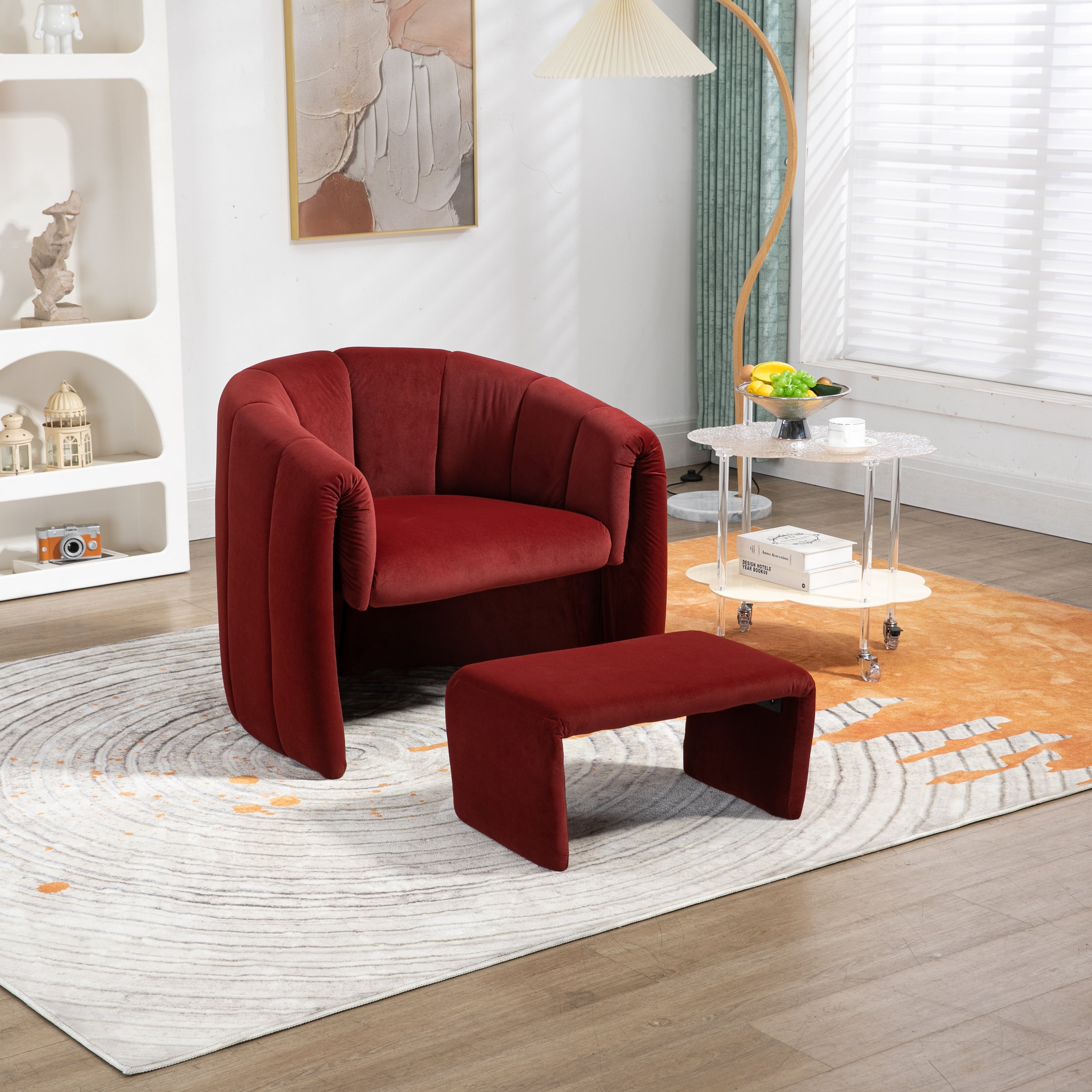 COOLMORE Accent Chair with Ottoman, Mid Century Modern Barrel Chair Upholstered Club Tub Round Arms Chair for Living Room/bedroom/office( Wine Red velvet)--1