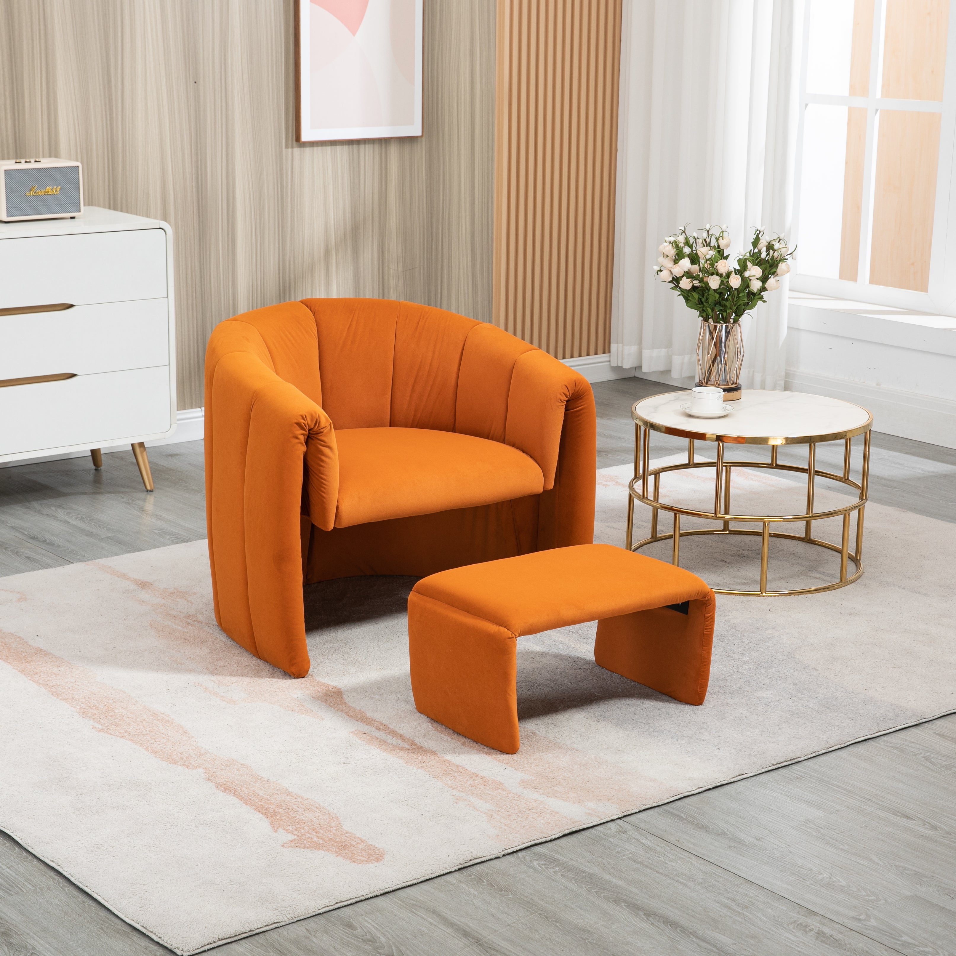 COOLMORE Accent Chair with Ottoman, Mid Century Modern Barrel Chair Upholstered Club Tub Round Arms Chair for Living Room/bedroom/office(Orange velvet)--1