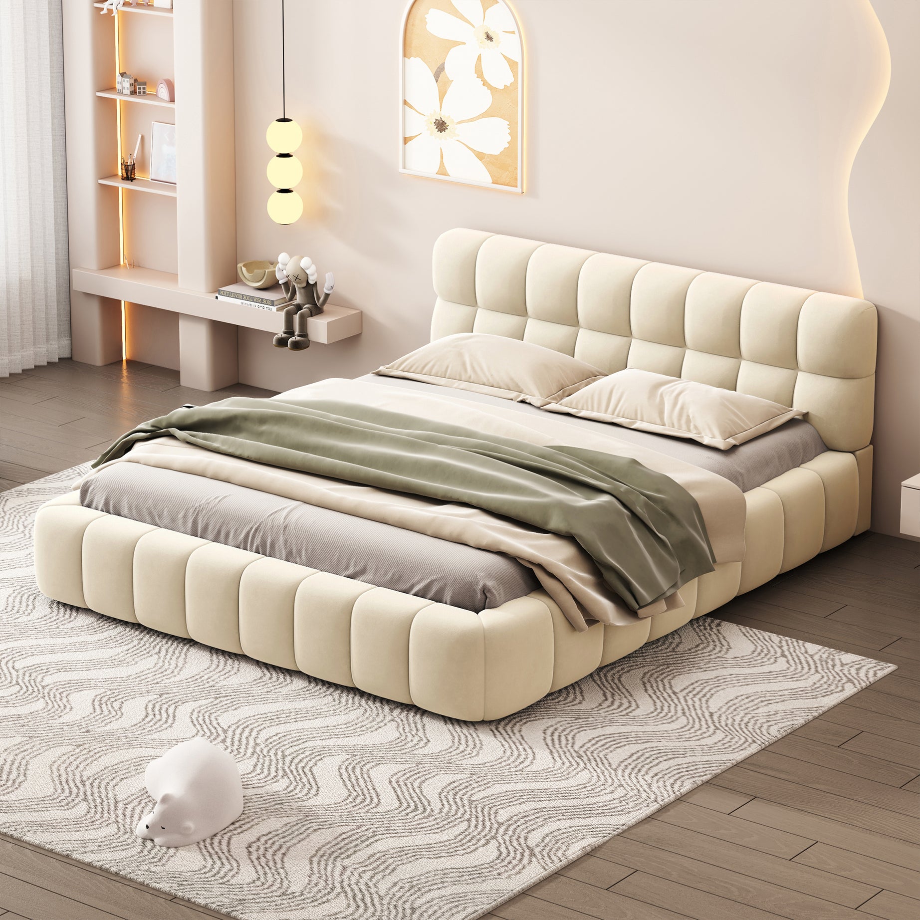 Queen Size Upholstered Platform Bed with Thick Fabric, Grounded Bed with Solid Frame, Beige--1