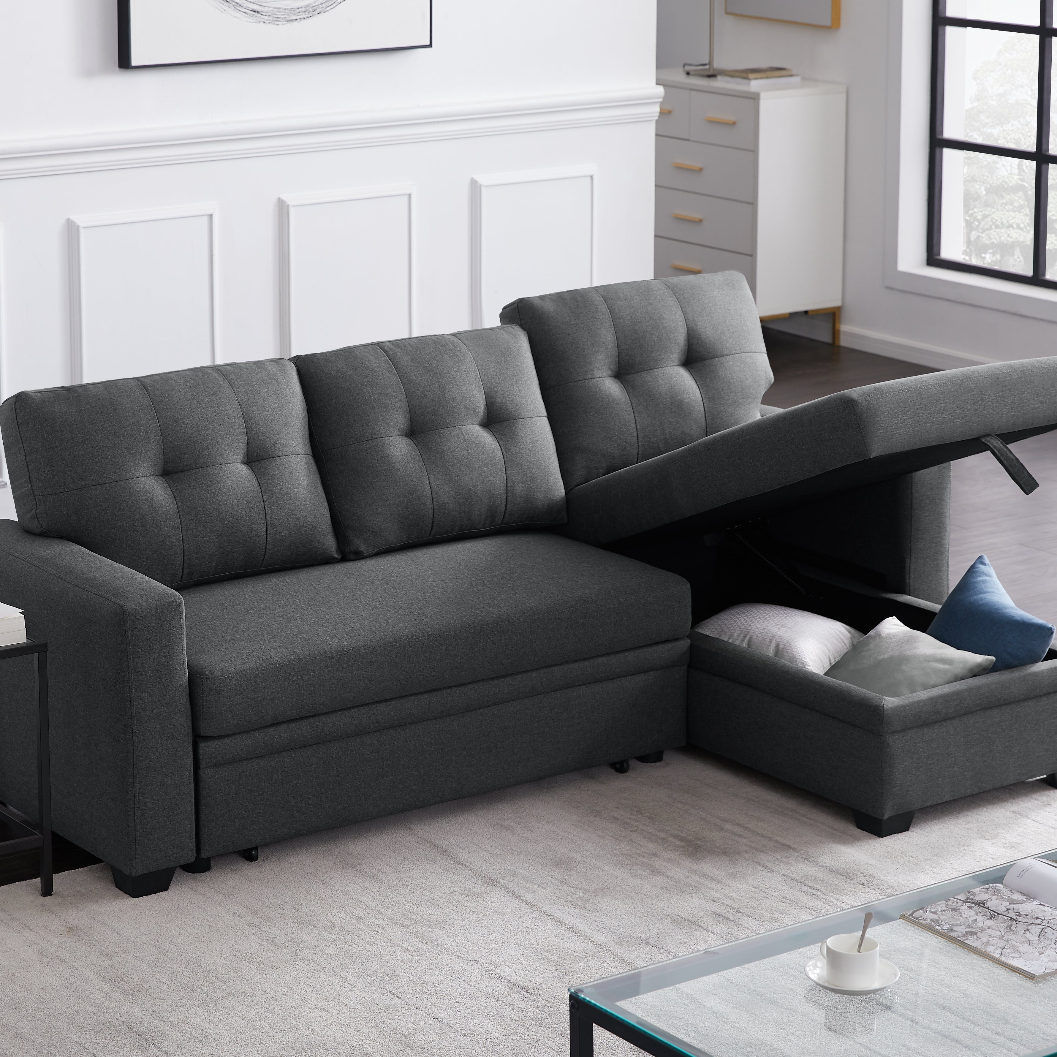 Upholstered Pull out Sectional Sofa with Chaise--1