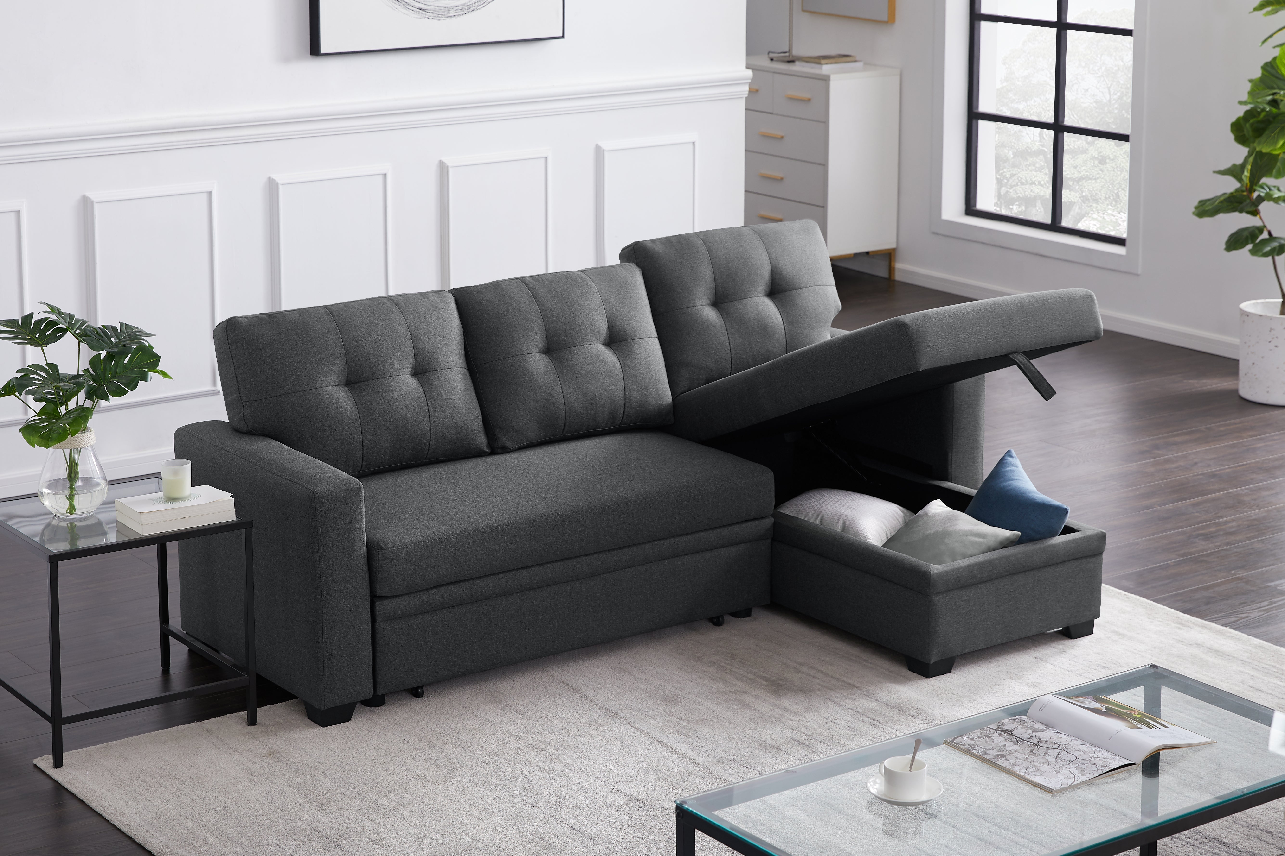 Upholstered Pull out Sectional Sofa with Chaise--1