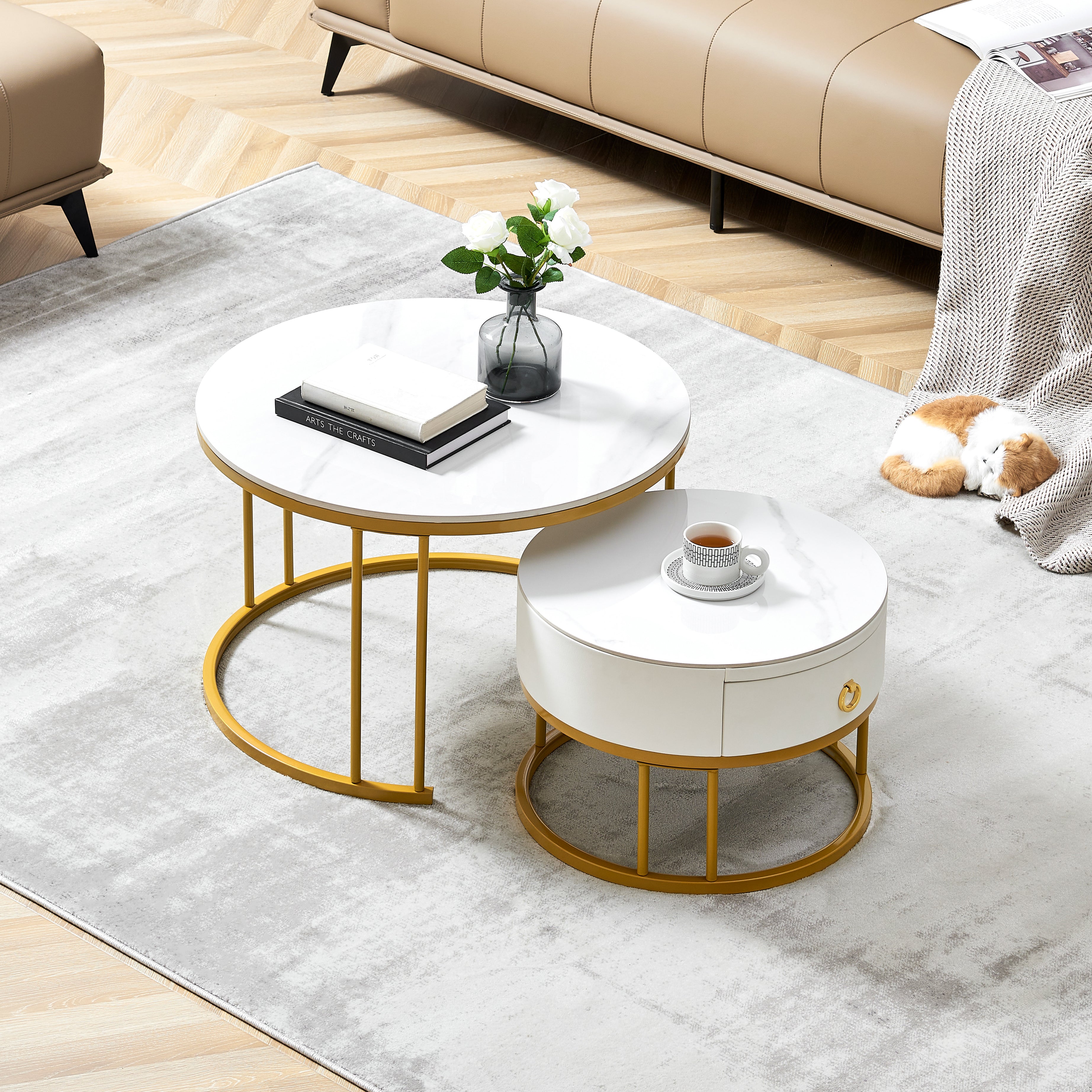 Coffee Table Nesting Set of 2, Circular Sintered Stone Marble Entable, for Living Room Bedroom Apartment Modern Industrial Simple Nightstand(Gold)--1