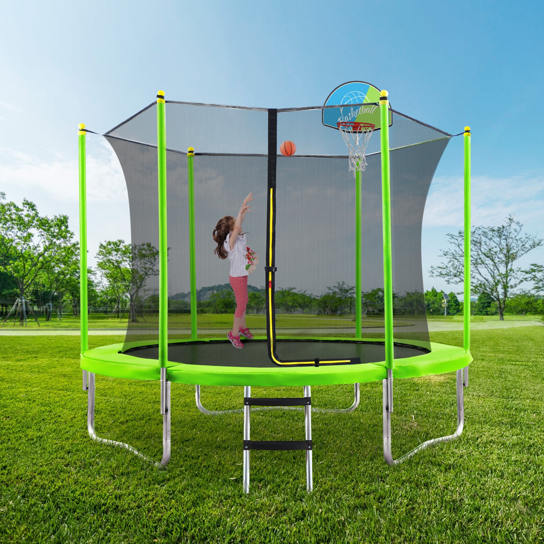 10FT Trampoline for Kids with Safety Enclosure Net, Basketball Hoop and Ladder, Easy Assembly Round Outdoor Recreational Trampoline--1