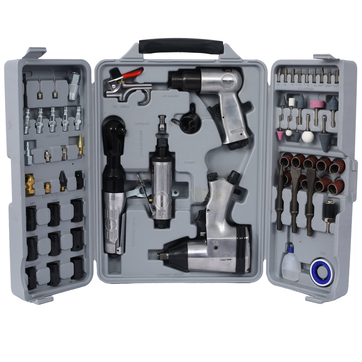 Air Tool and Accessories Kit, 71 Piece, Impact Wrench, Air Ratchet, Die Grinder, Aire Hammer, Hose Fittings, Storage Case--1