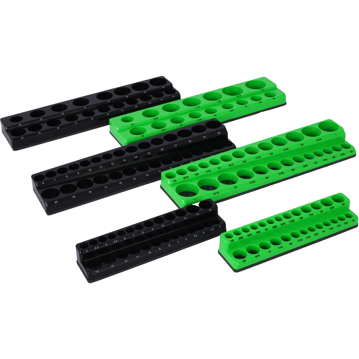 Magnetic Socket Organizer Set, 6-Piece Socket Holder Set Includes 1/4", 3/8", 1/2" Drive Metric SAE Socket Trays, Holds 141 Pieces Standard Size and Deep Size Sockets(Socket not Included),green and bl--1