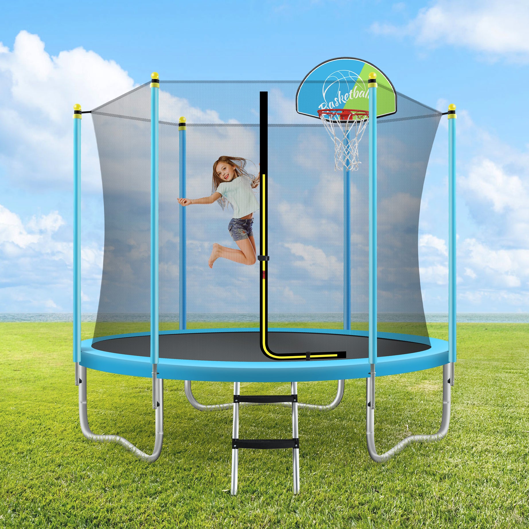 8FT Trampoline for Kids with Safety Enclosure Net, Basketball Hoop and Ladder, Easy Assembly Round Outdoor Recreational Trampoline--1