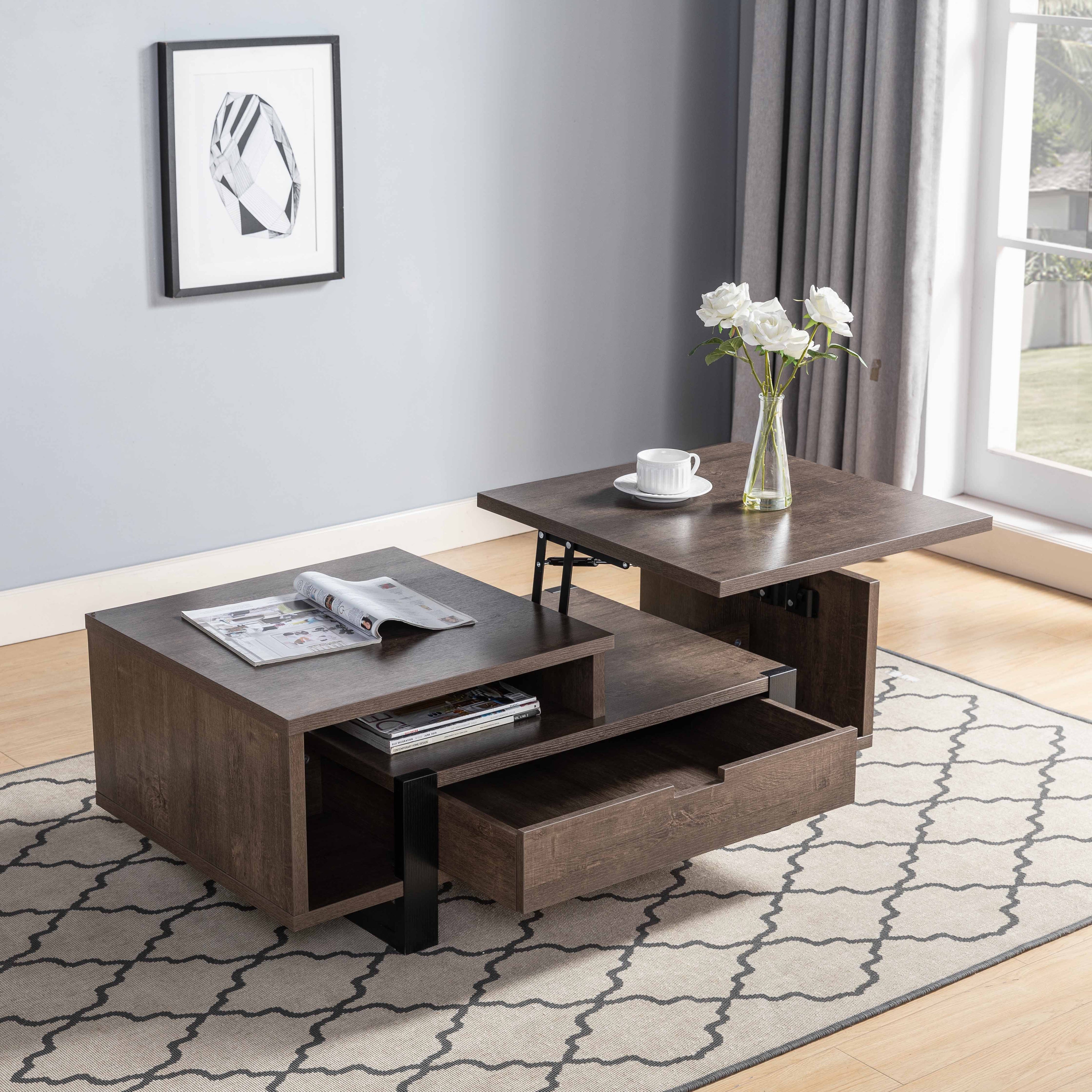 Contemporary Coffee Table with Drawer and Lift Top Table Top - Dark Brown--1