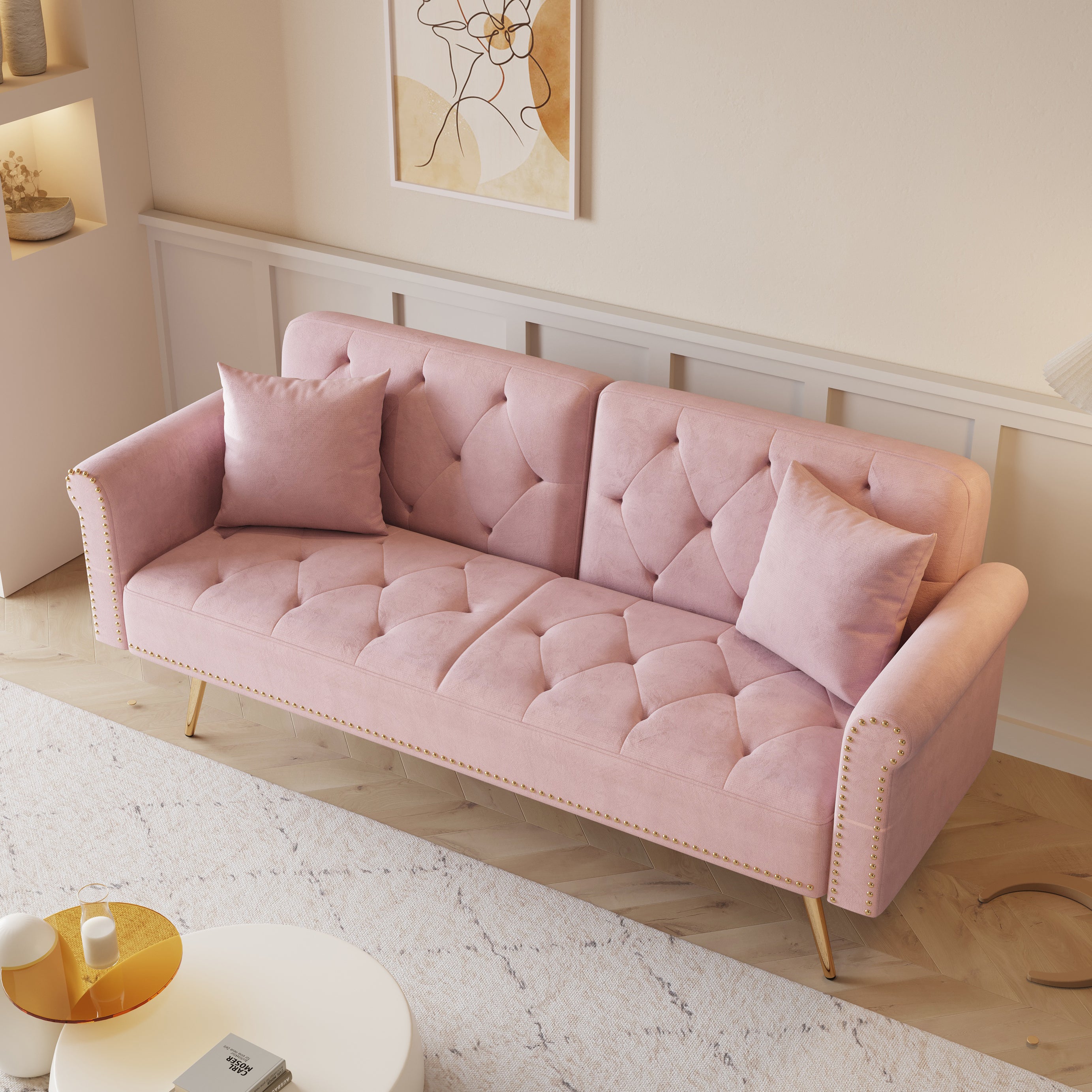 69.7 inch pink velvet nail head sofa bed with throw pillow--1