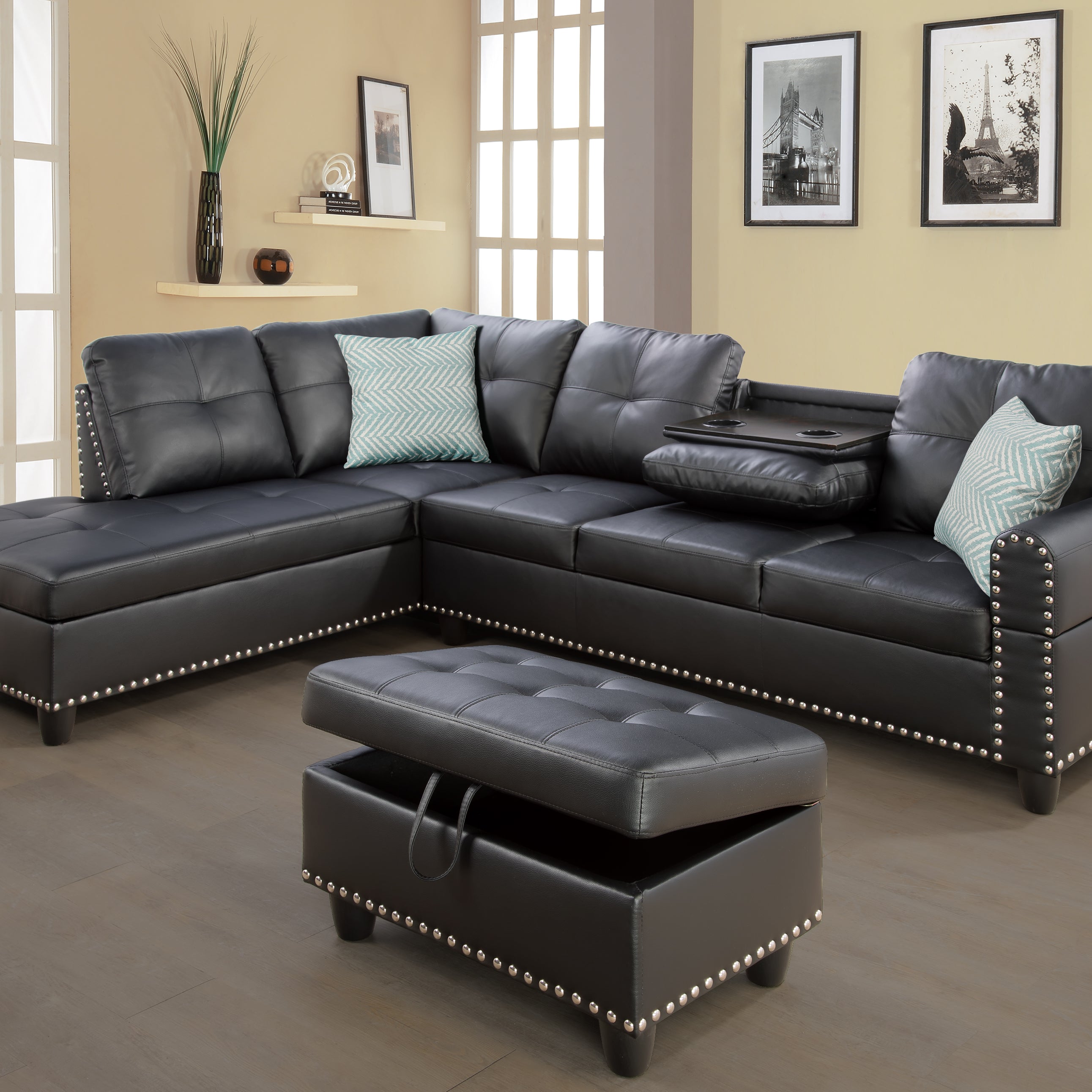 Irine Faux Leather Sectional Sofa with Ottoman--1