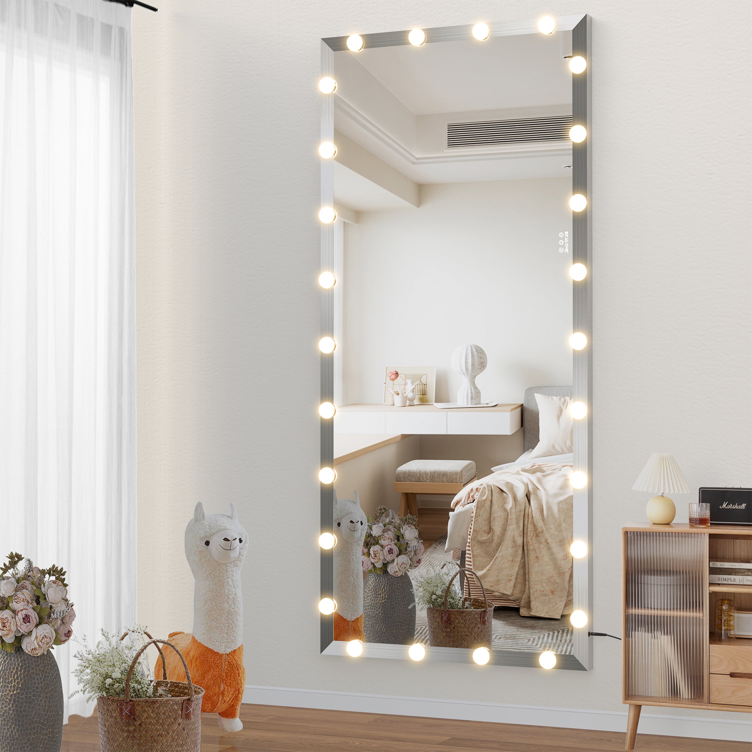 Hollywood Full Length Mirror with Lights Oversized Full Body Vanity Mirror with 3 Color Modes Lighted Large Standing Floor Mirror for Dressing Room Bedroom Hotel Touch Control,Silver,72X32 Inch--1