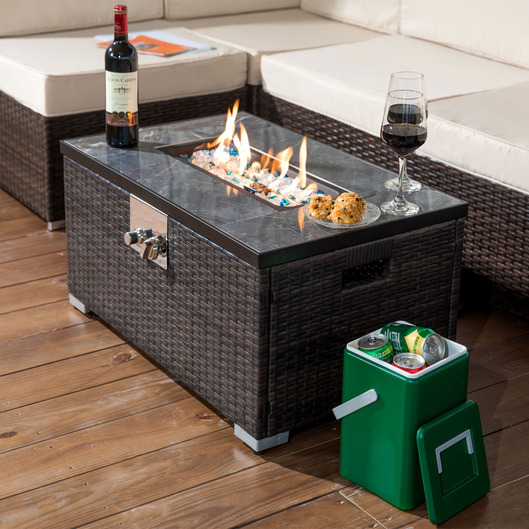 Outdoor Fire Table  Propane  Fire Pit Rattan gas fire table, gas fire table with tile tabletop--1