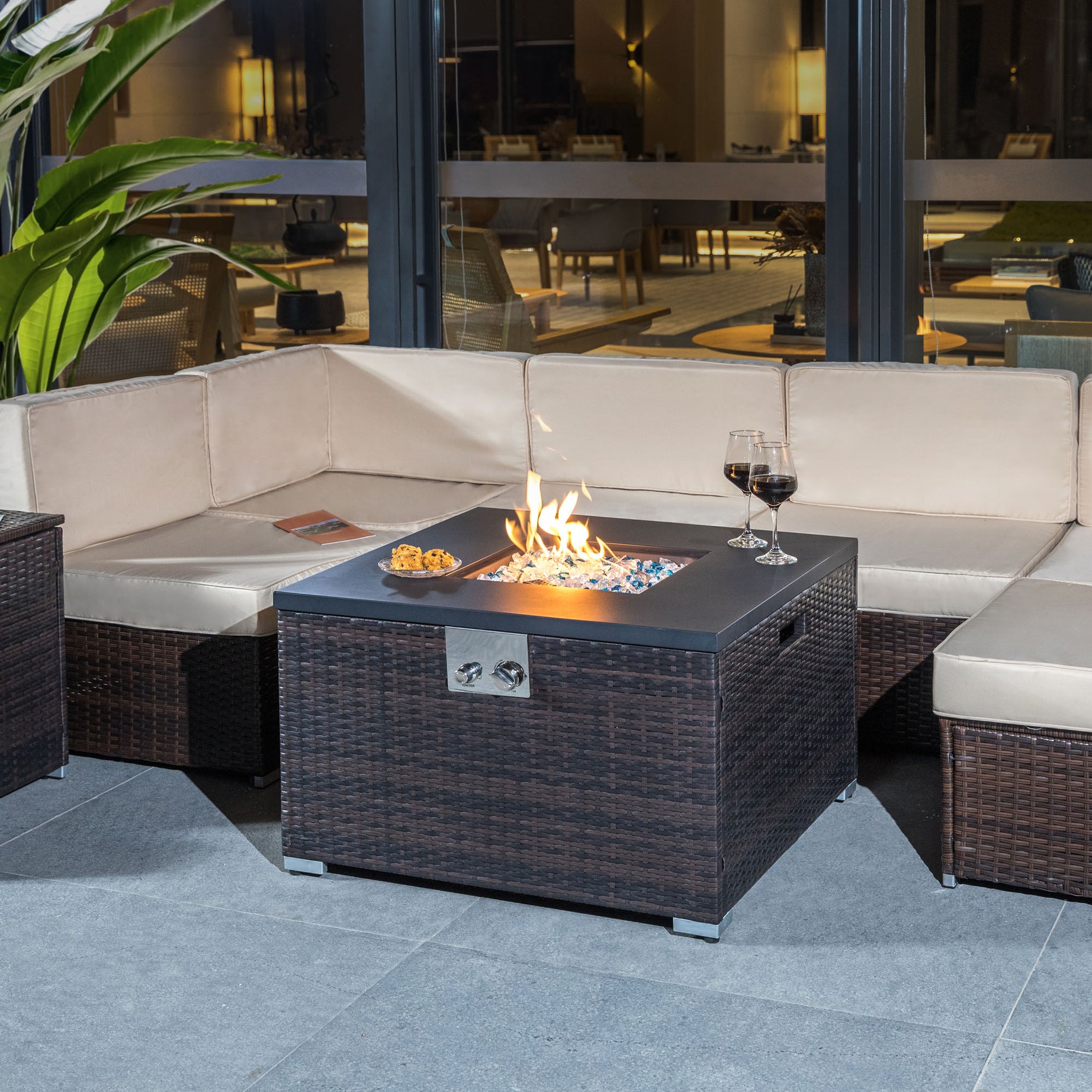 Outdoor Gas Fire Pit  Square Dark Brown Wicker Fire Pit Table Propane Fire Table with Glass Rocks--1