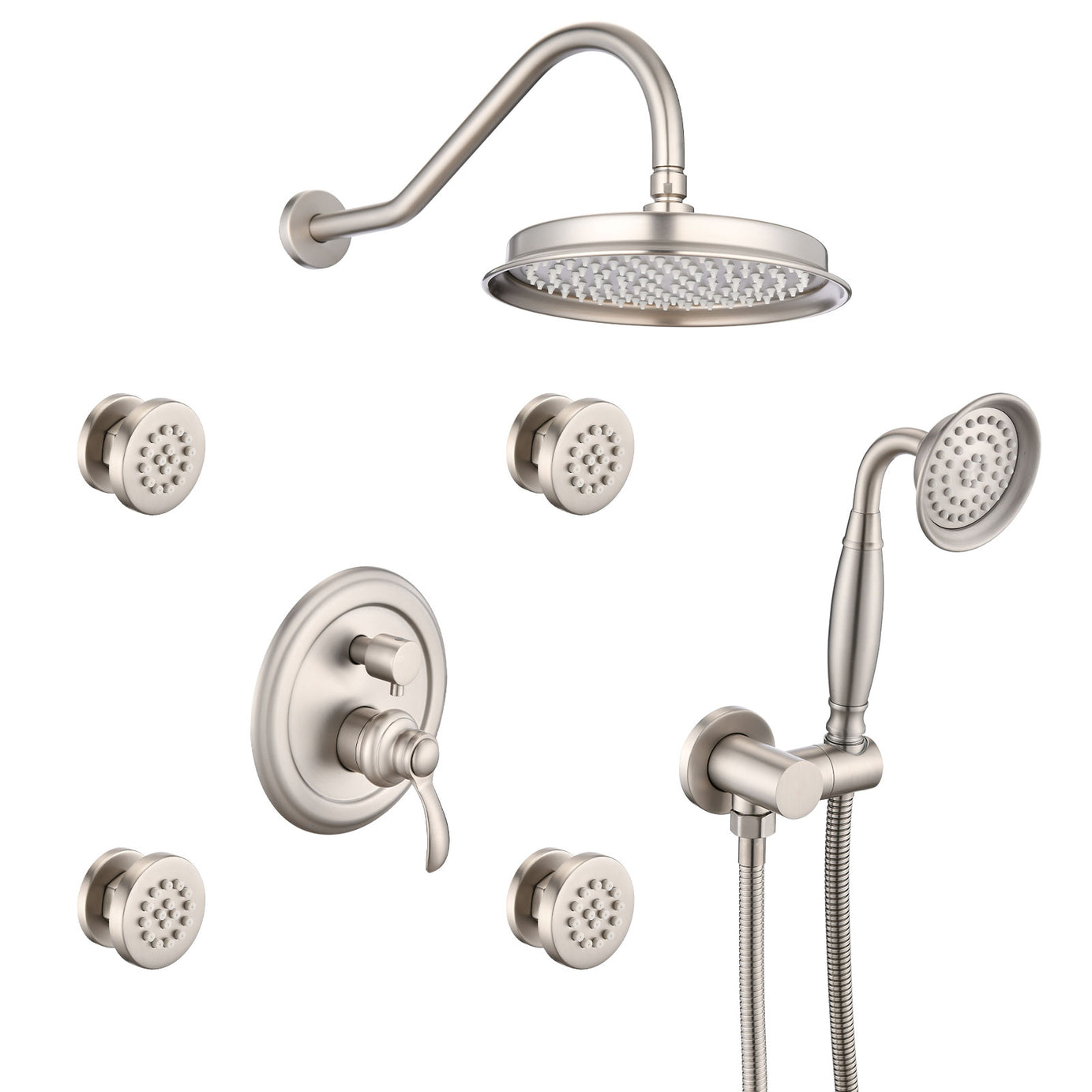 Single-Handle 4-Spray Patterns Bathroom Rain Shower Faucet with Body Jet Handshower in Brushed Nickel (Valve Included)--1