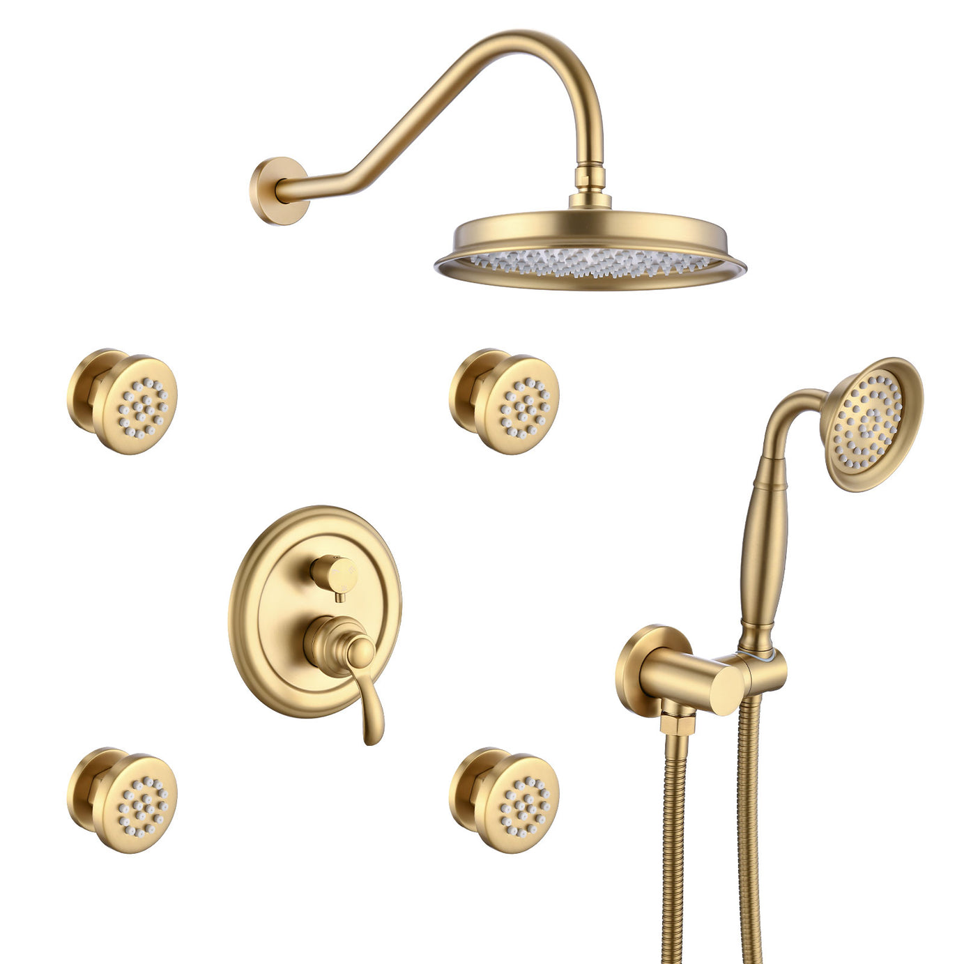 Single-Handle 4-Spray Patterns Bathroom Rain Shower Faucet with Body Jet Handshower in Brushed Gold (Valve Included)--1