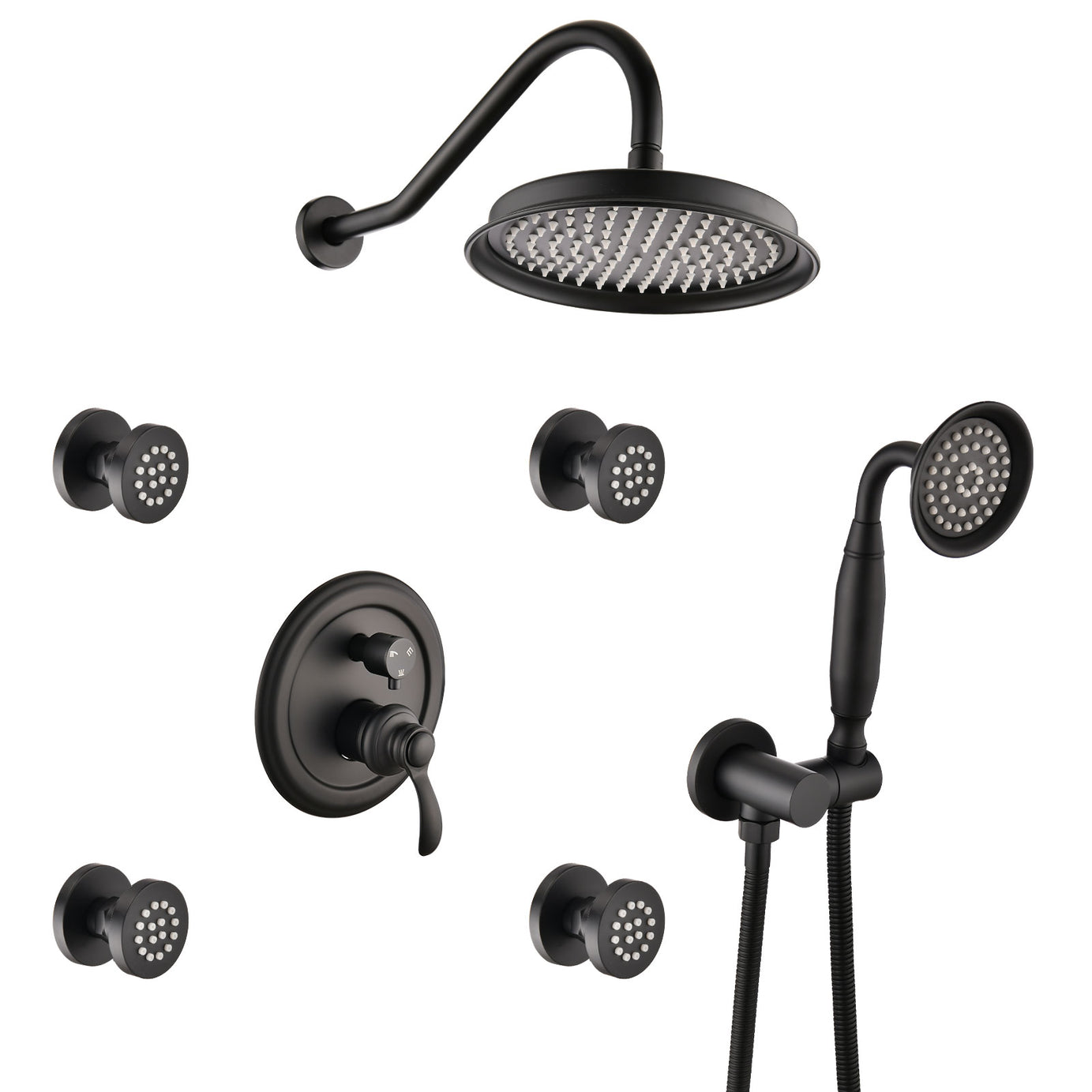 Single-Handle 4-Spray Patterns Bathroom Rain Shower Faucet with Body Jet Handshower in Matte Black (Valve Included)--1