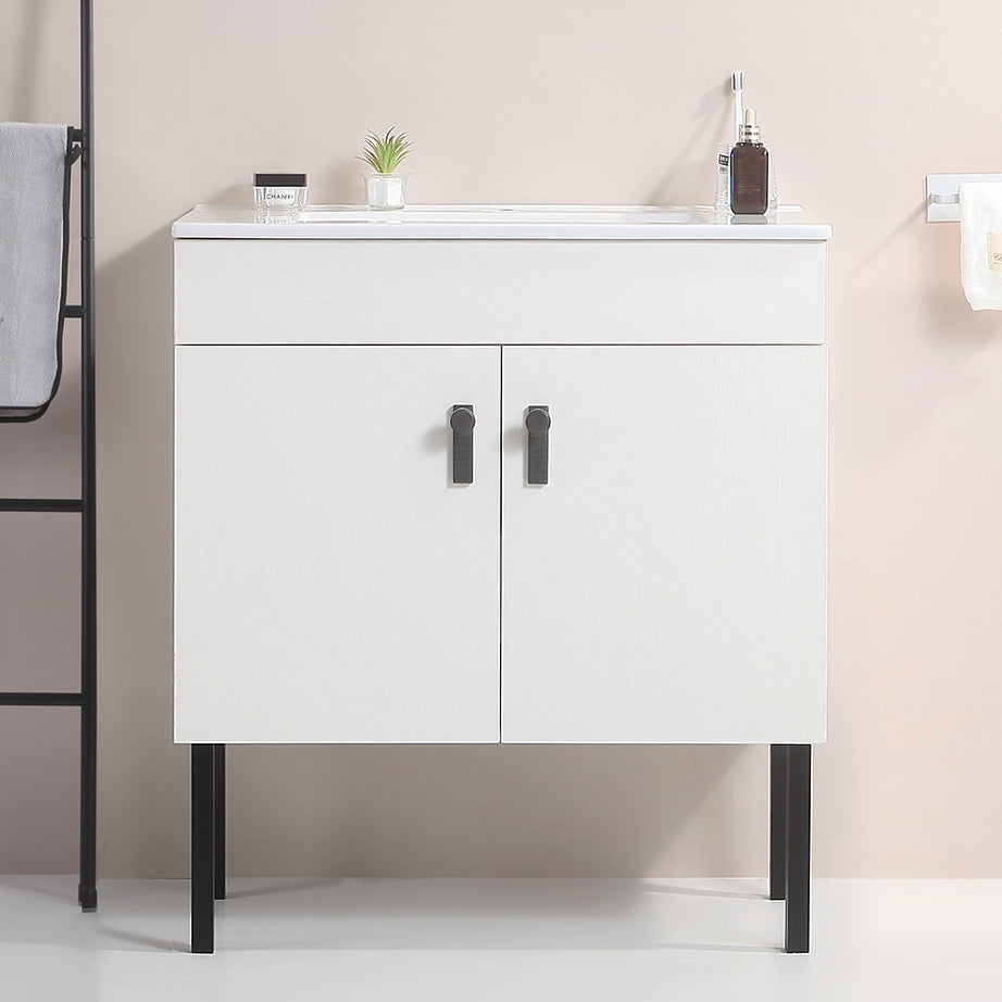 30" Bathroom Vanity with Metal Leg,with White Ceramic Basin,Two Soft Close Cabinet Doors, Solid Wood,Excluding faucets,white--1