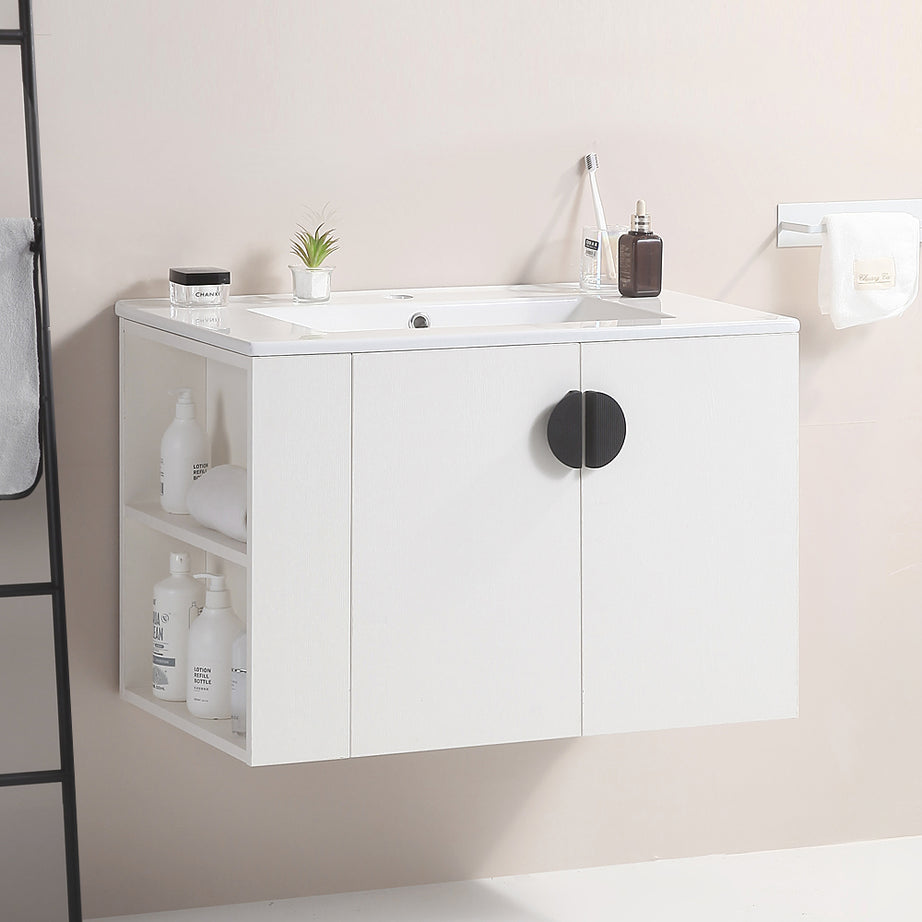 30" Bathroom Vanity with Sink,with two Doors Cabinet  Bathroom Vanity Set with Side left Open Storage Shelf,Solid Wood,Excluding faucets,white--1