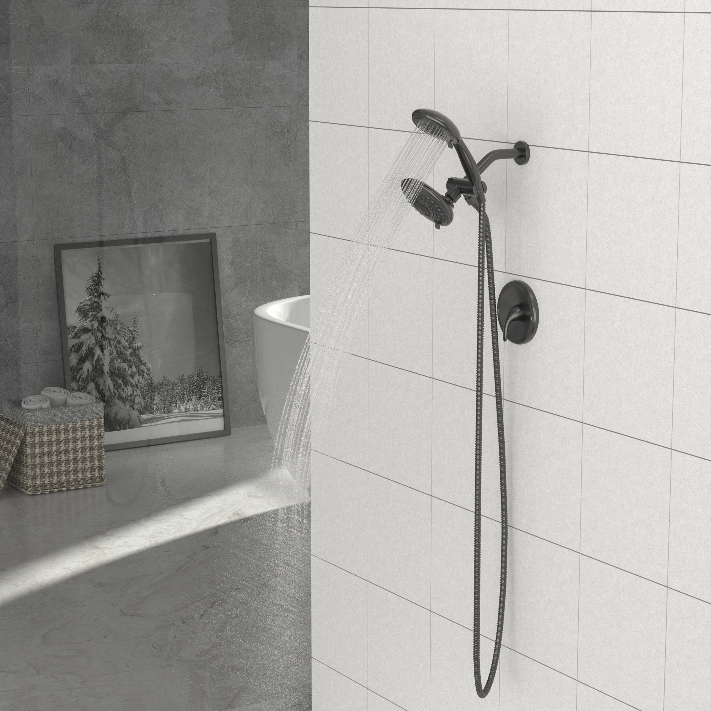 Multi Function Dual Shower Head - Shower System with 5" Rain Showerhead, 5-Function Hand Shower, Matte Black--1