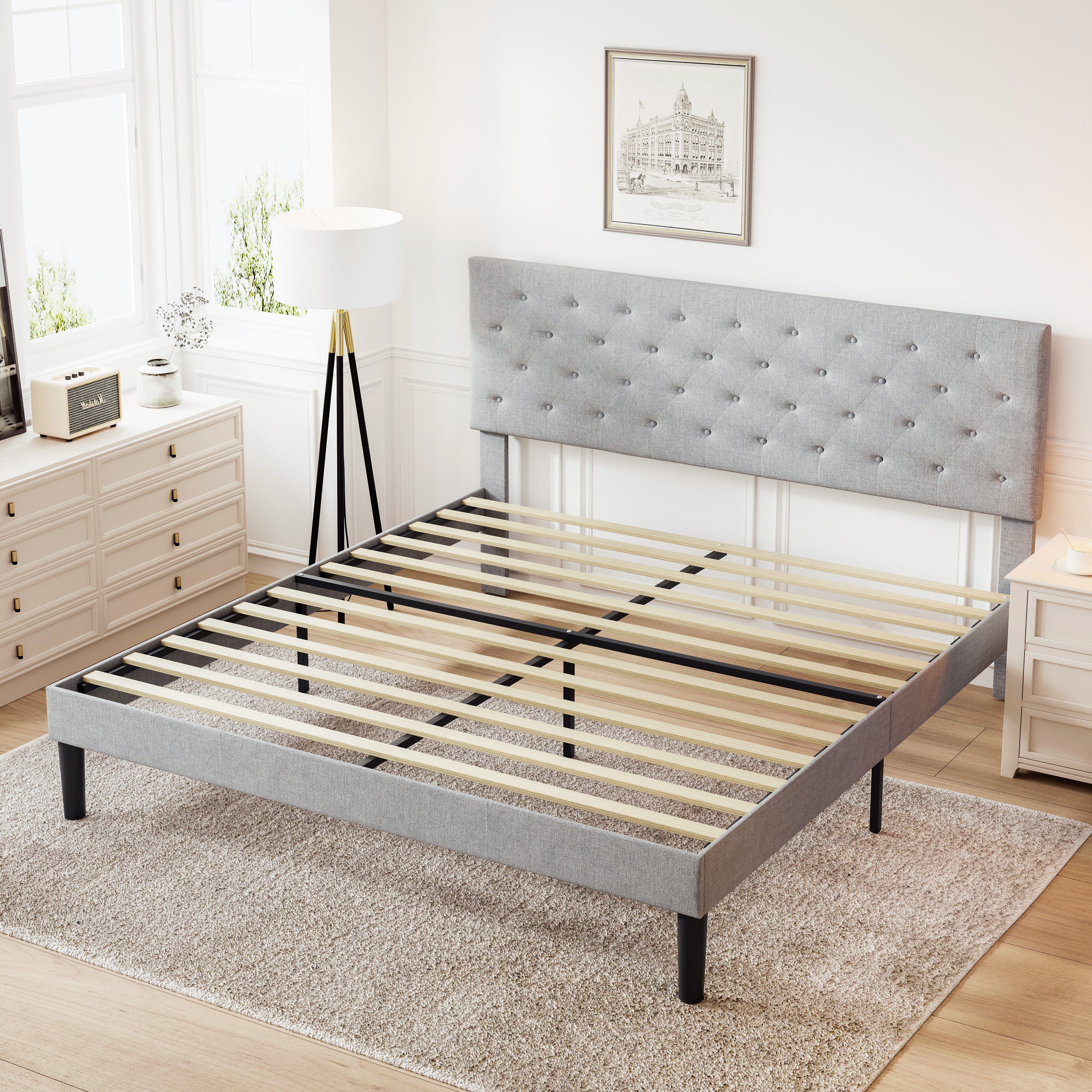 Simple King Size Grey Bed frame, Adjustable Headboard--1