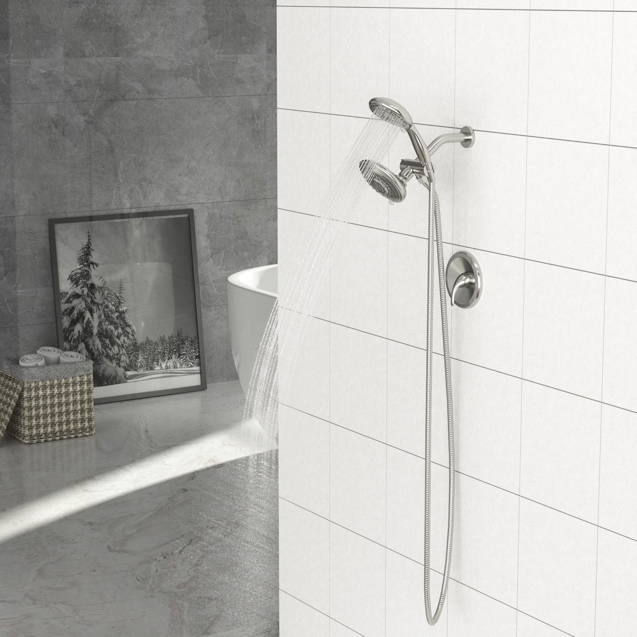 Multi Function Dual Shower Head - Shower System with 5" Rain Showerhead, 5-Function Hand Shower,  Brushed Nickel--1