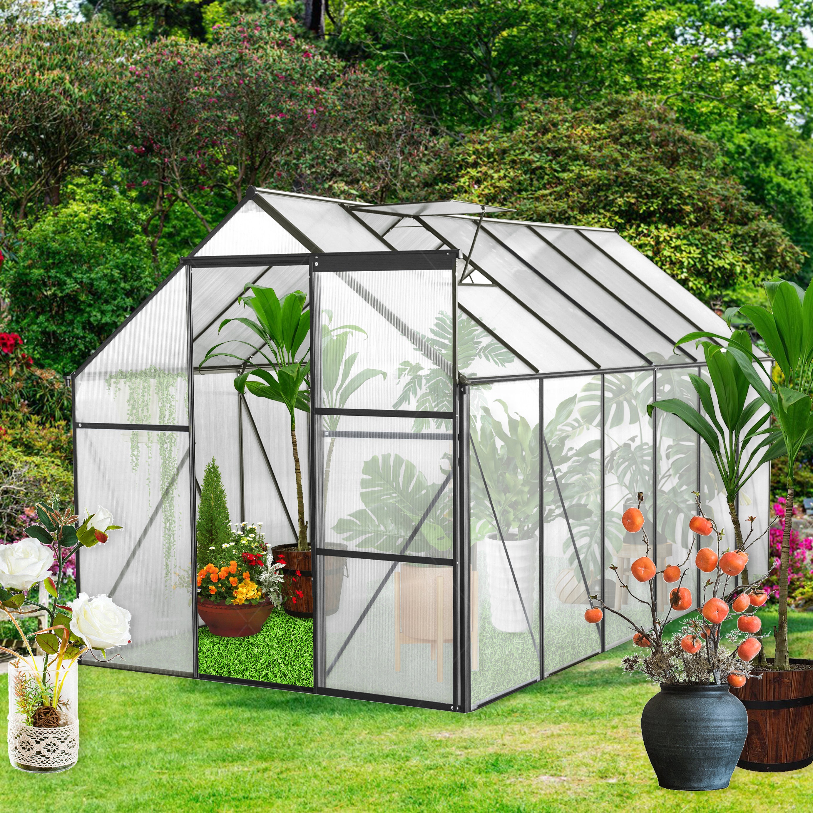 6x12 FT Polycarbonate Greenhouse Raised Base and Anchor Aluminum Heavy Duty Walk-in Greenhouses for Outdoor Backyard in All Season,Black--1