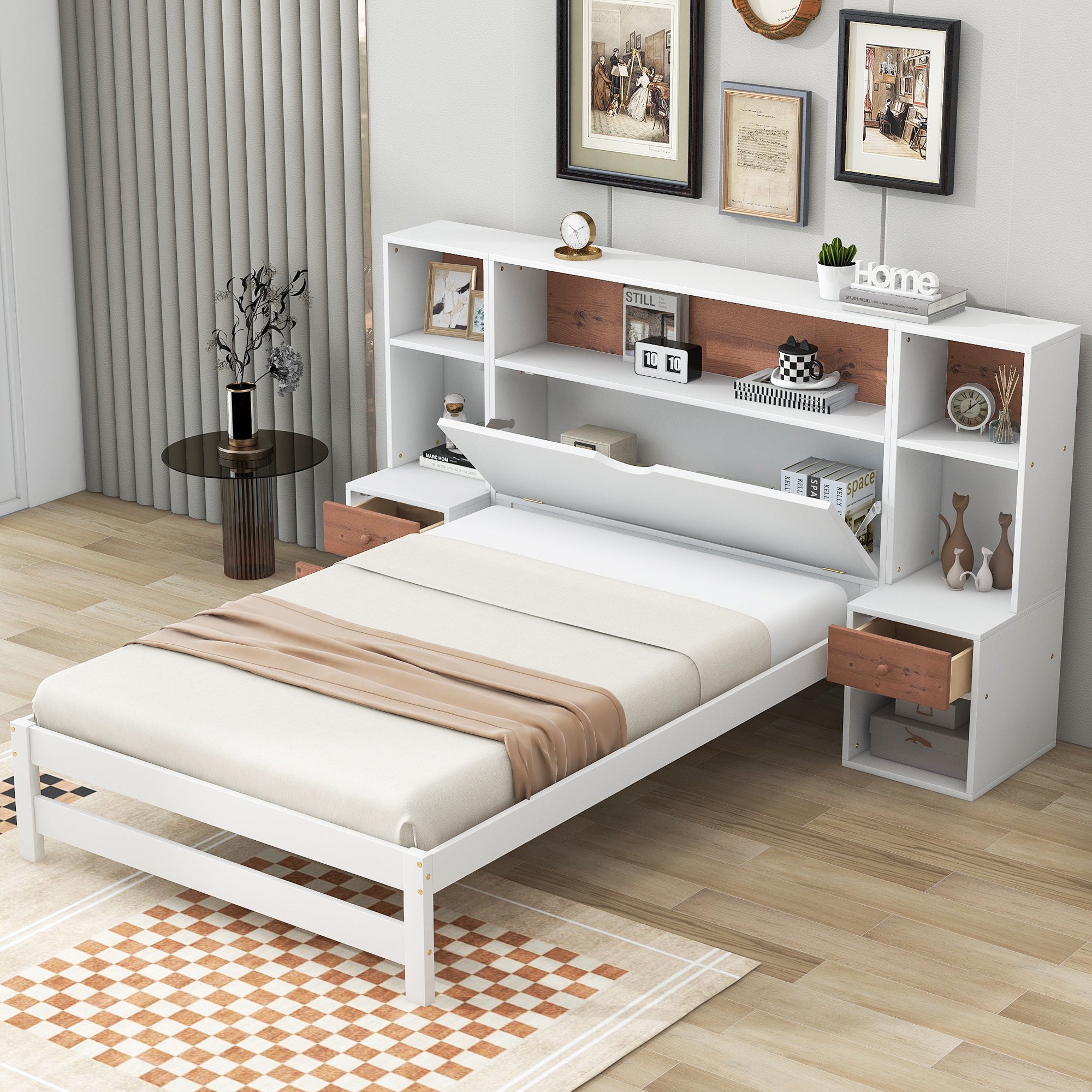 Twin Size Platform Bed with Storage Headboard and Drawers, White--1