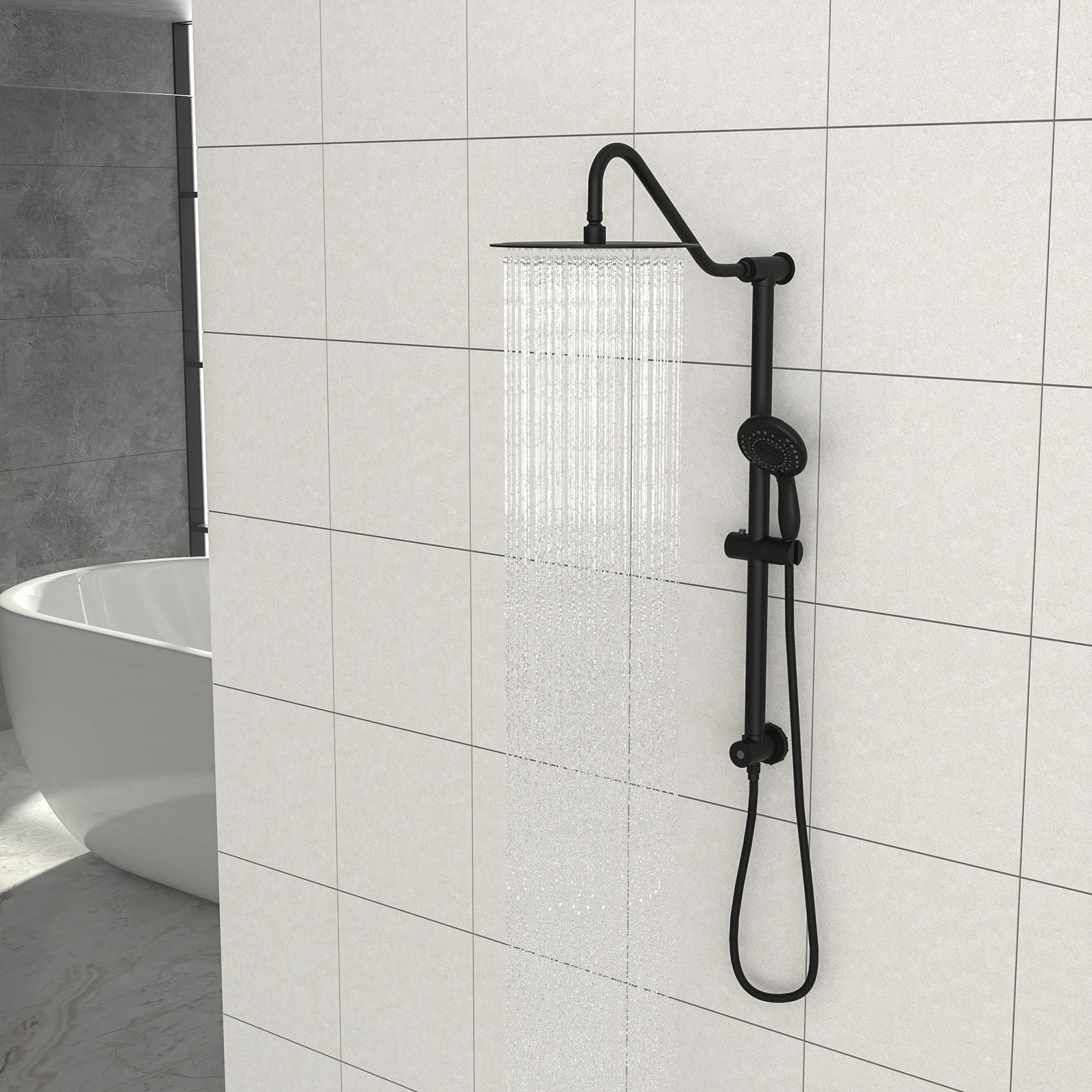 10 Inch Shower System with 5 Function Rain Hand Shower, 26.3" Slide Bar Shower Head Combo, Matte Black--1