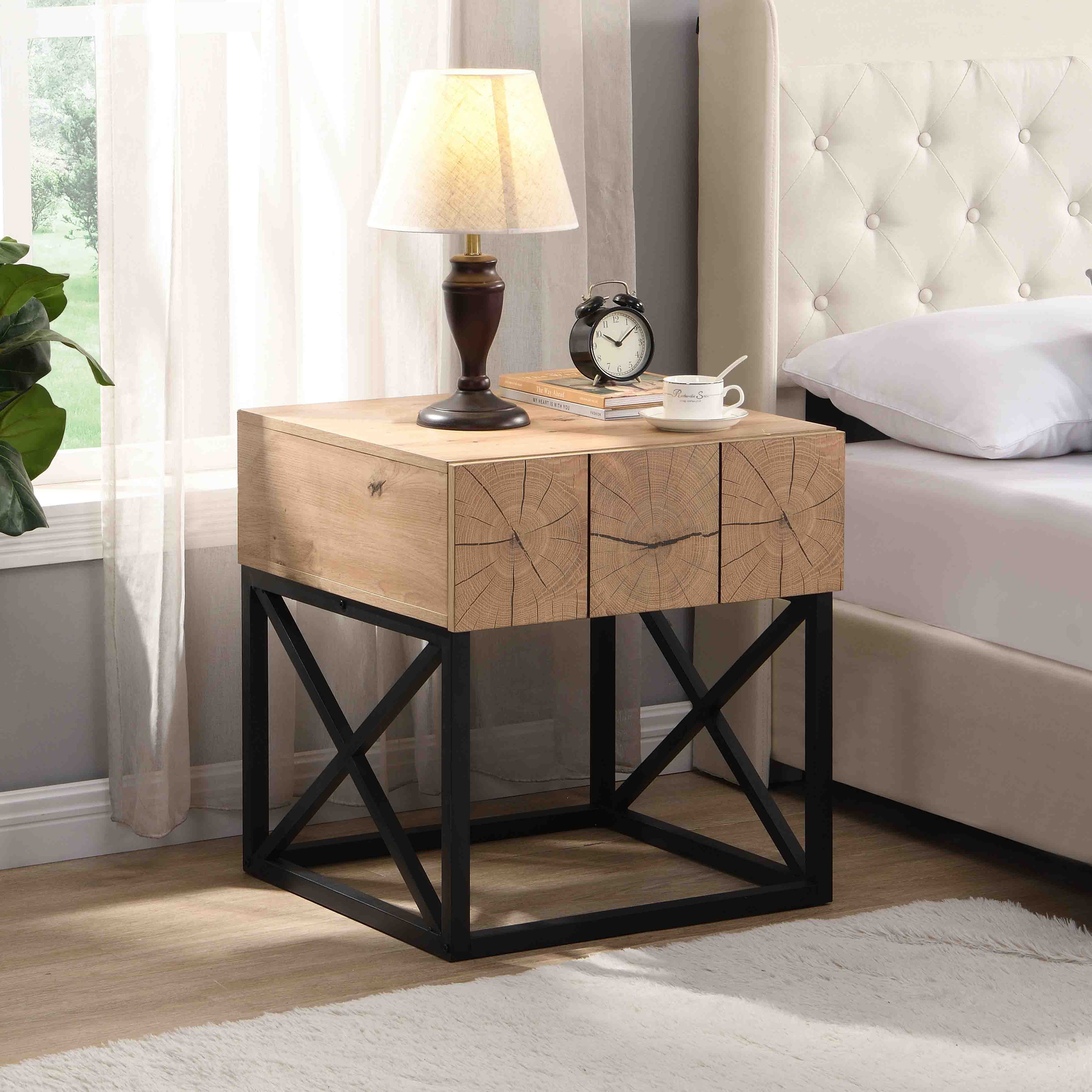 21.65'' Luxury Night Stand with Drawer, Metal and Wood End Table,Industrial Bedside Table for Living Room, Bedroom&Office--1