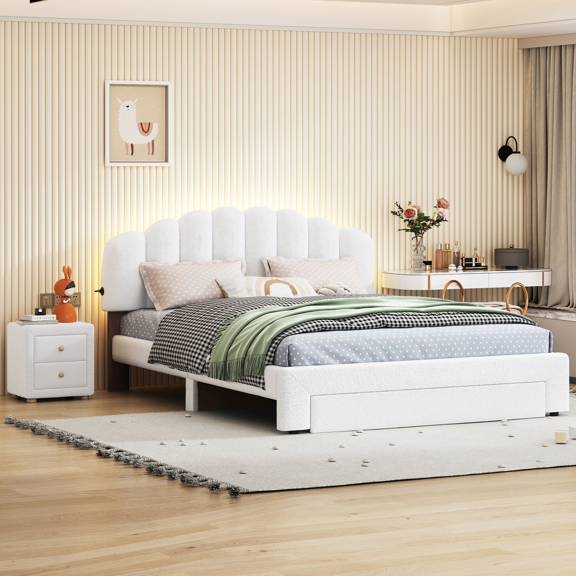 Teddy Fleece Queen Size Upholstered Platform Bed with Nightstand, White--1