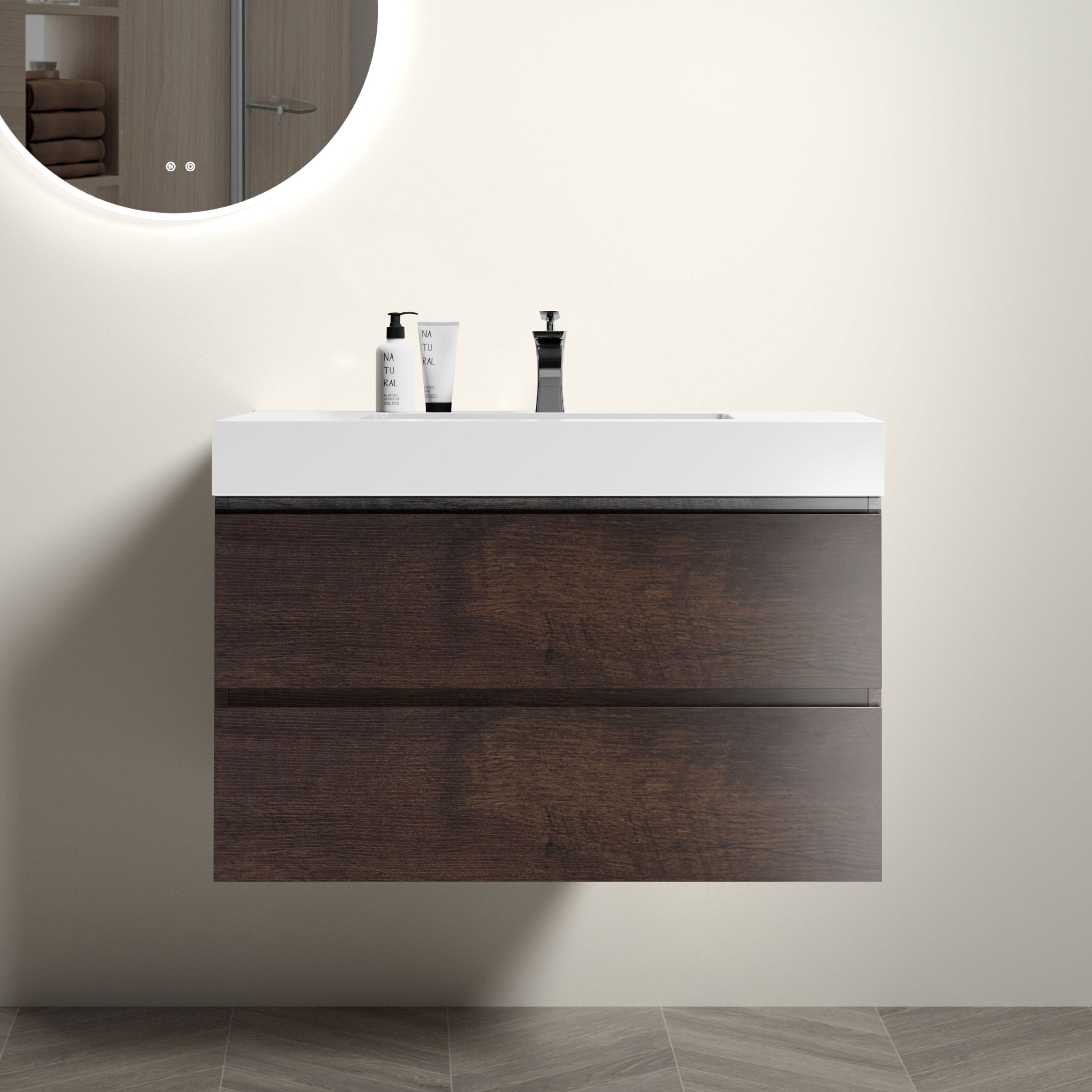 Alice 36" Walnut Bathroom Vanity with Sink, Large Storage Wall Mounted Floating Bathroom Vanity for Modern Bathroom, One-Piece White Sink Basin without Drain and Faucet, Pre-assembled--1