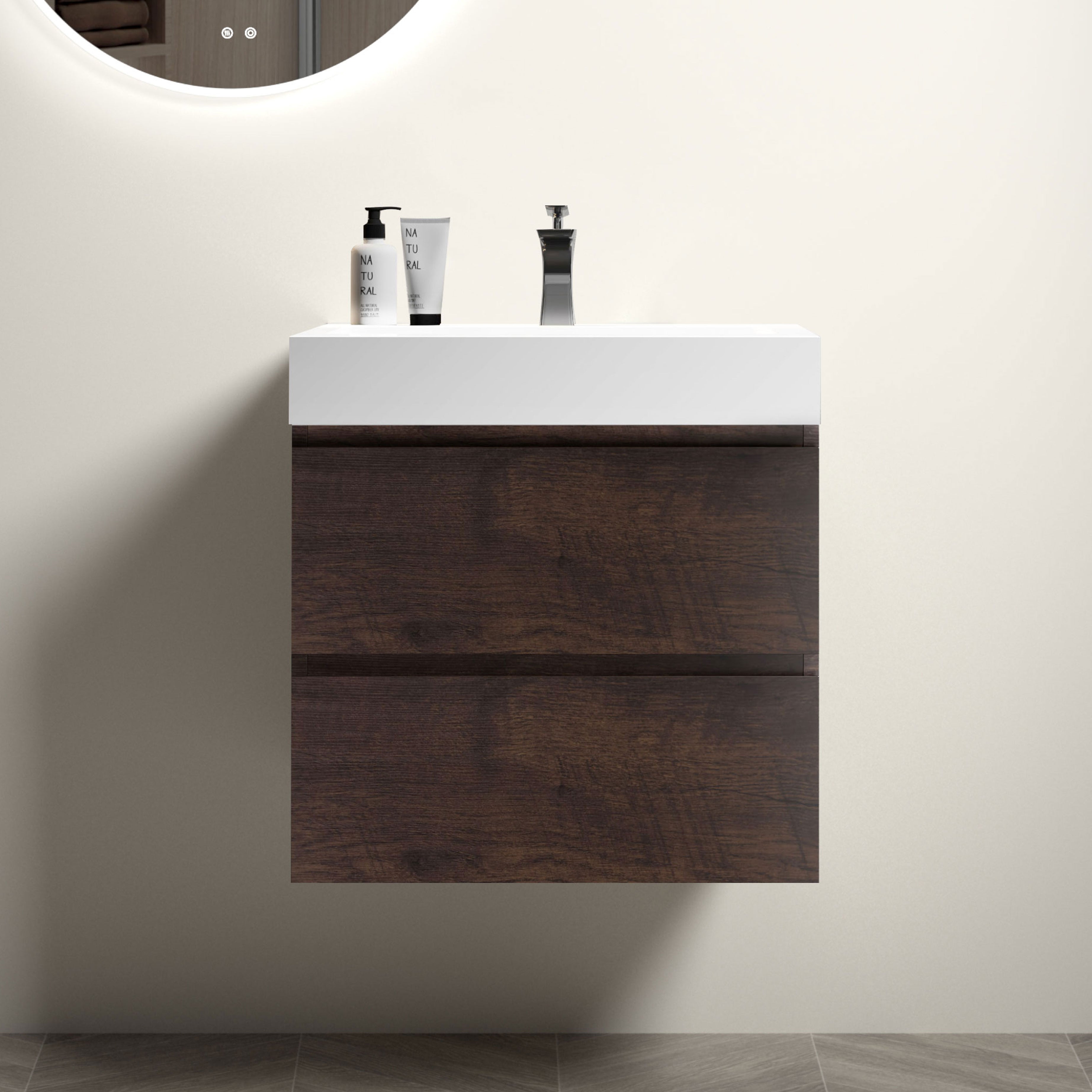 Alice 24" Walnut Bathroom Vanity with Sink, Large Storage Wall Mounted Floating Bathroom Vanity for Modern Bathroom, One-Piece White Sink Basin without Drain and Faucet, Pre-assembled--1