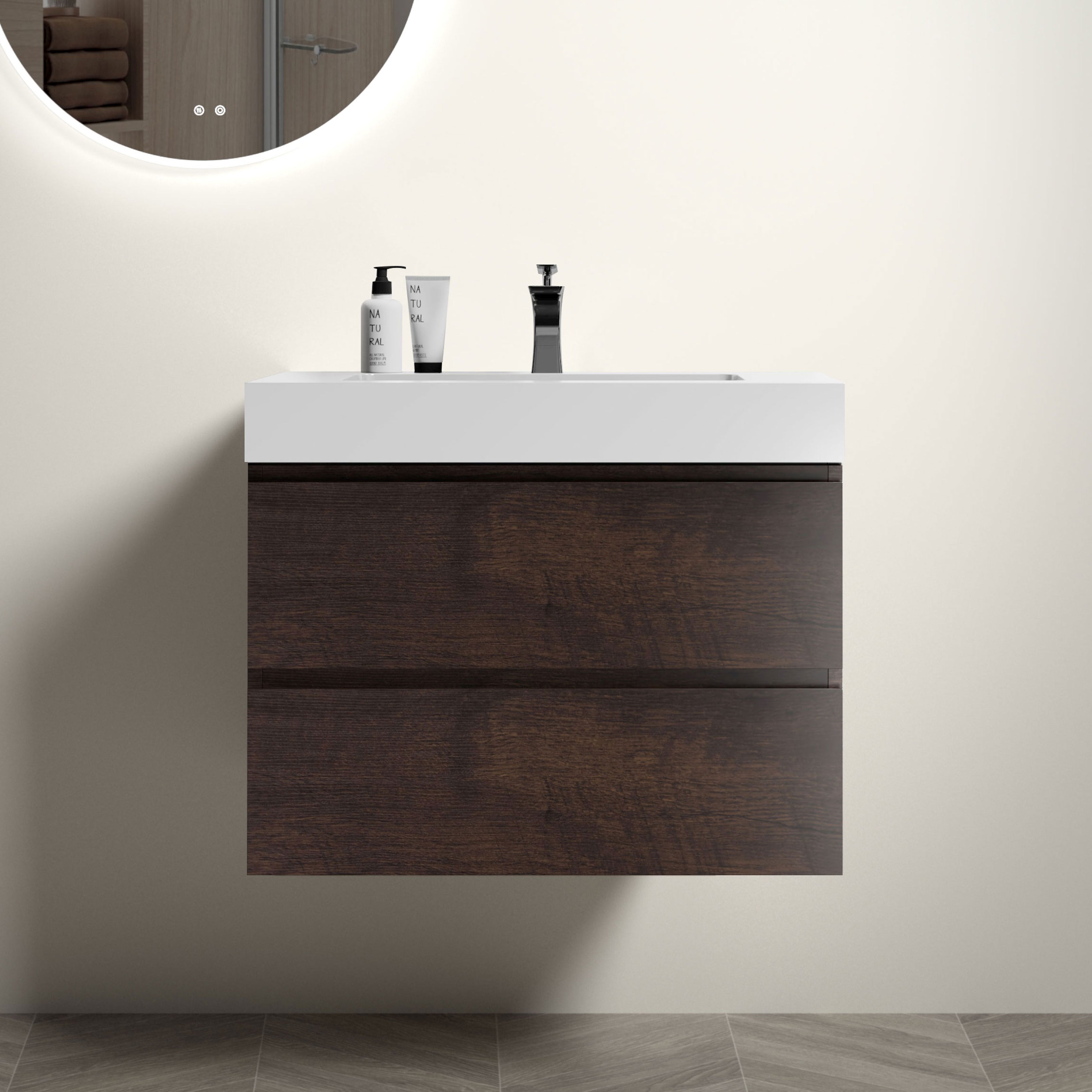 Alice 30" Walnut Bathroom Vanity with Sink, Large Storage Wall Mounted Floating Bathroom Vanity for Modern Bathroom, One-Piece White Sink Basin without Drain and Faucet, Pre-assembled--1