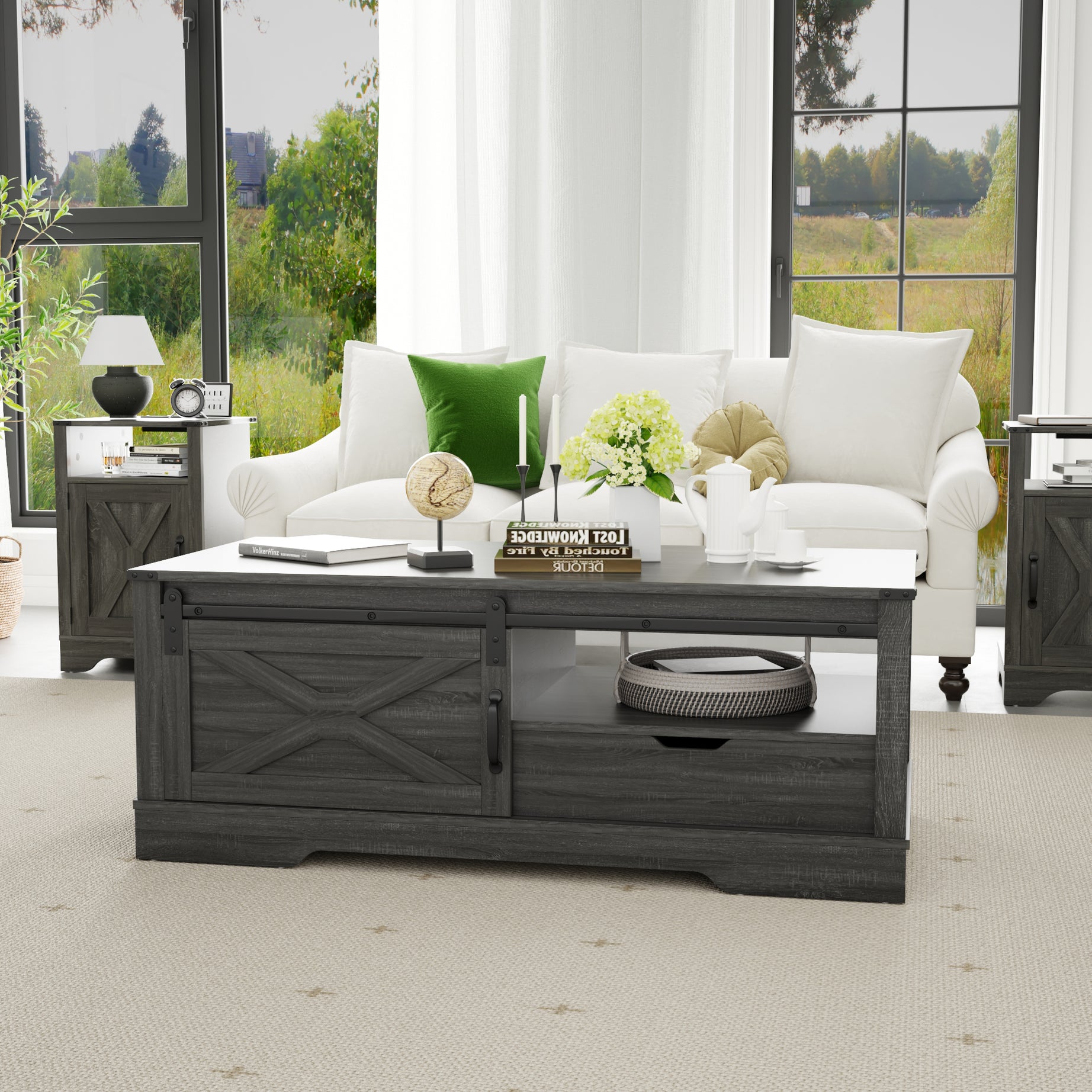 Farmhouse Sliding Barn Door Coffee Storage Large Rectangular Table - Dark Gray--1