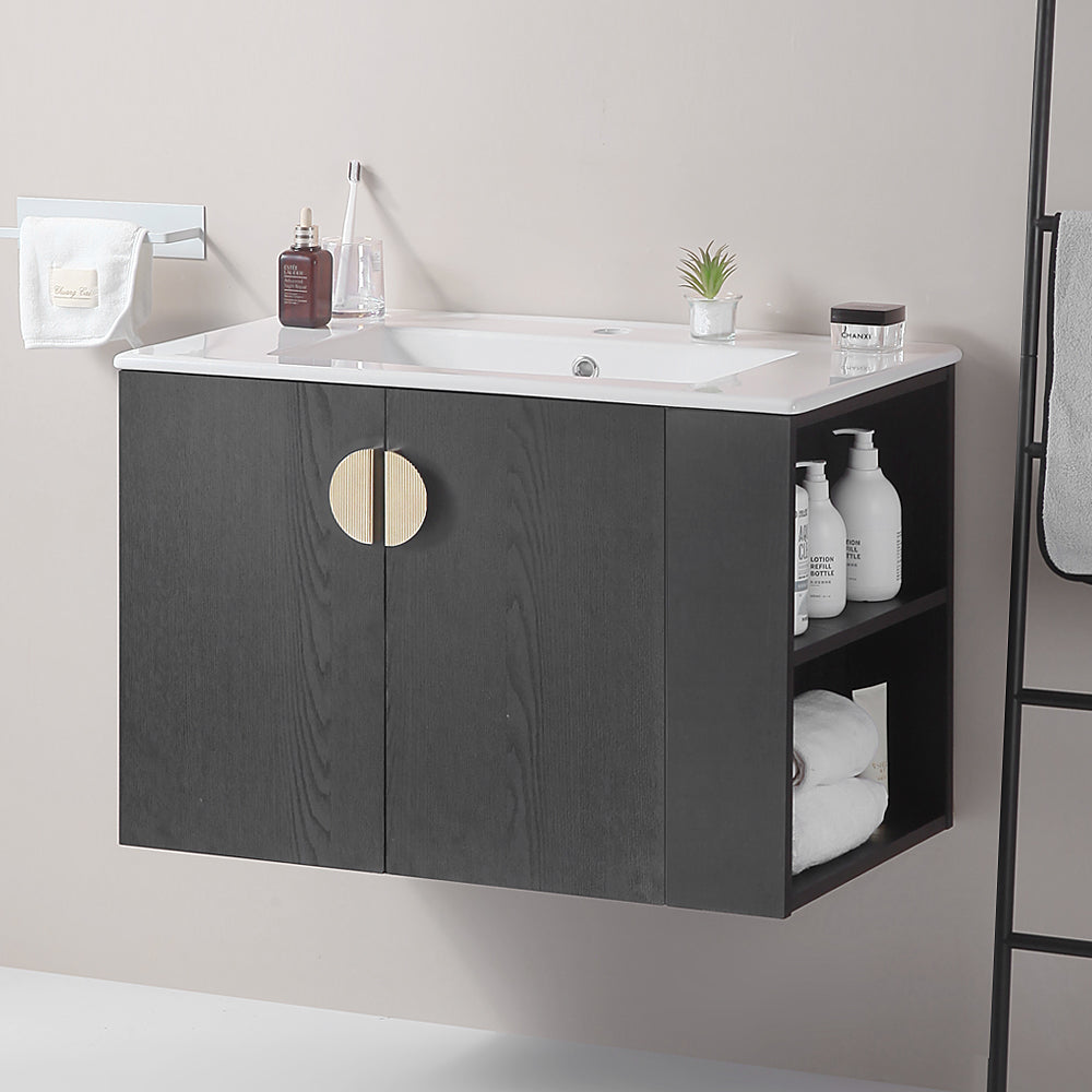 30" Bathroom Vanity with Sink,with two Doors Cabinet Bathroom Vanity Set with Side right Open Storage Shelf,Solid Wood,Excluding faucets,Black--1