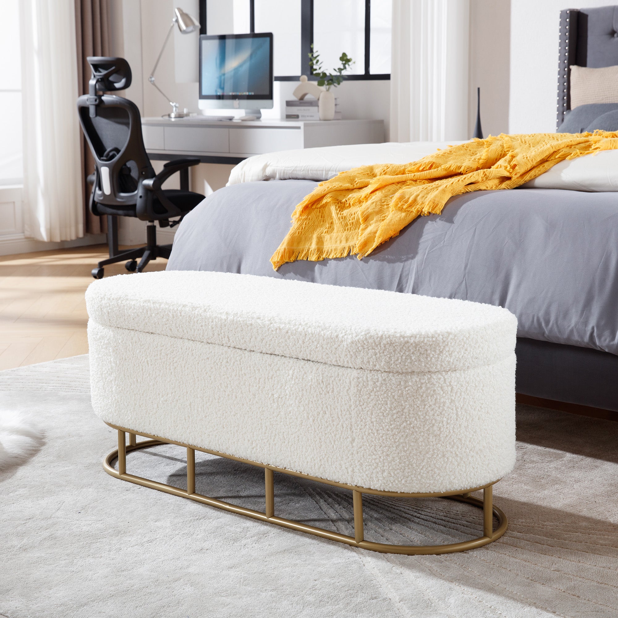 Oval Storage Bench for Living Room Bedroom End of Bed,Sherpa Fabric Plush Upholstered Storage Ottoman Entryway Bench With Metal Legs,Cream--1