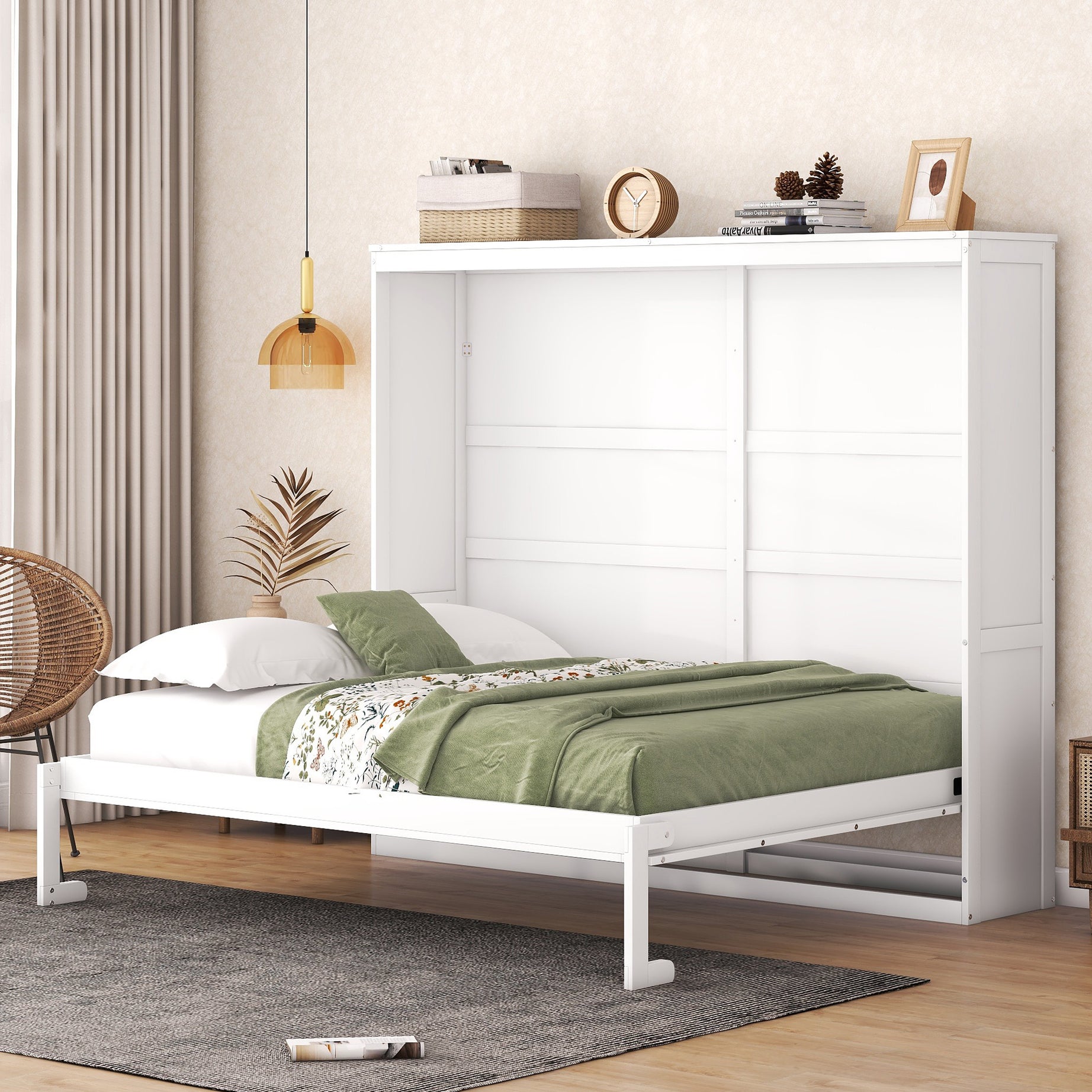 Queen Size Murphy Bed Wall Bed,White--1