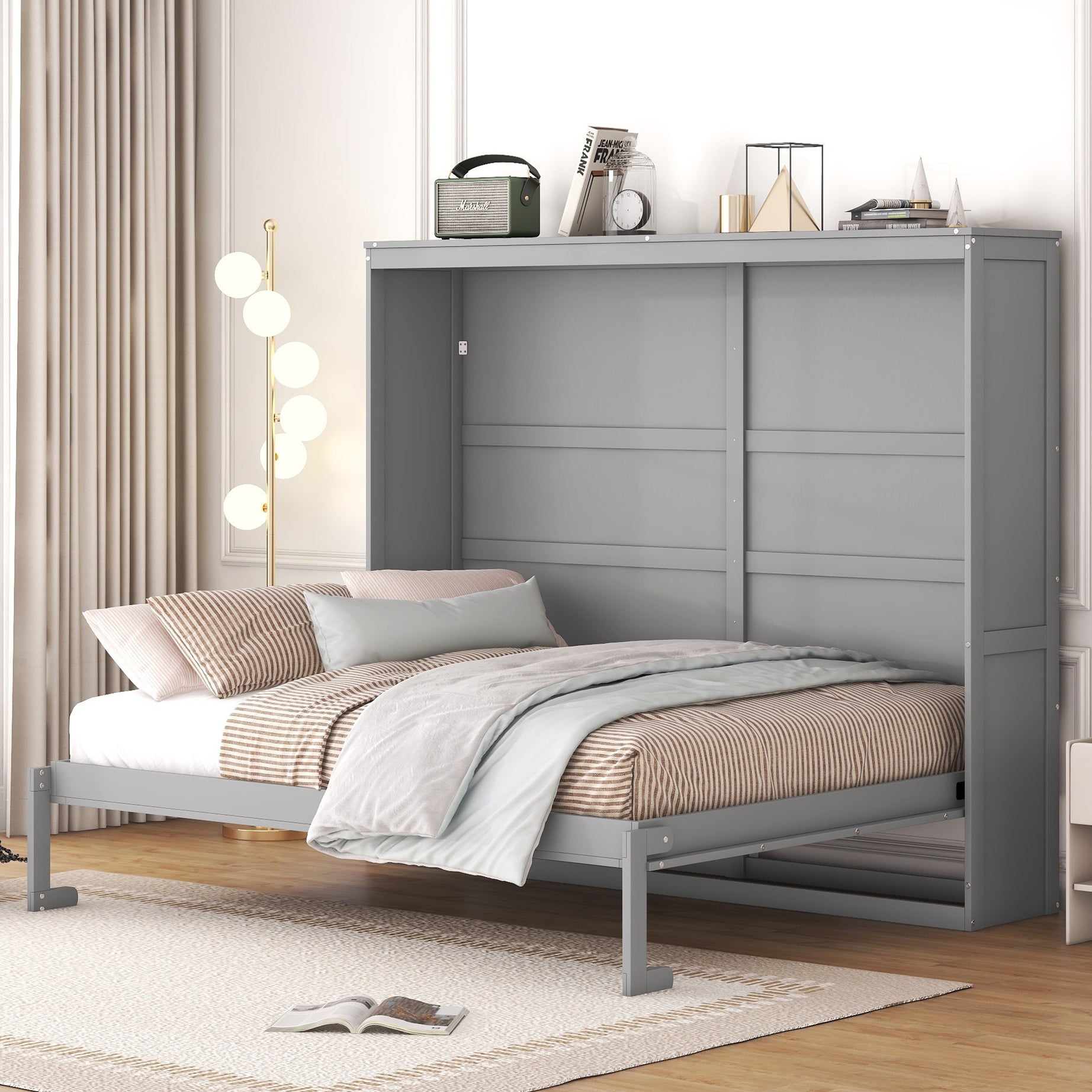 Queen Size Murphy Bed Wall Bed,Gray--1