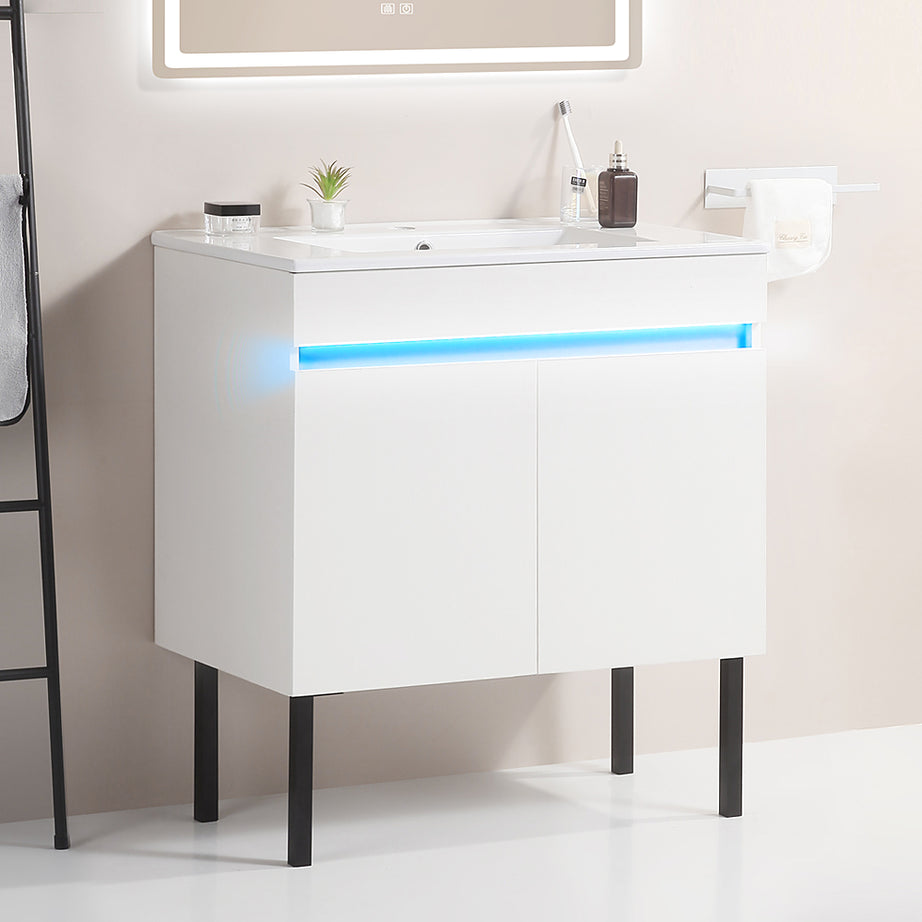 30" Bathroom Vanity with Sink, Radar Sensing Light, Large Storage Space and Metal legs, Wall Mounted/Standing Bathroom Vanity Sink, White--1