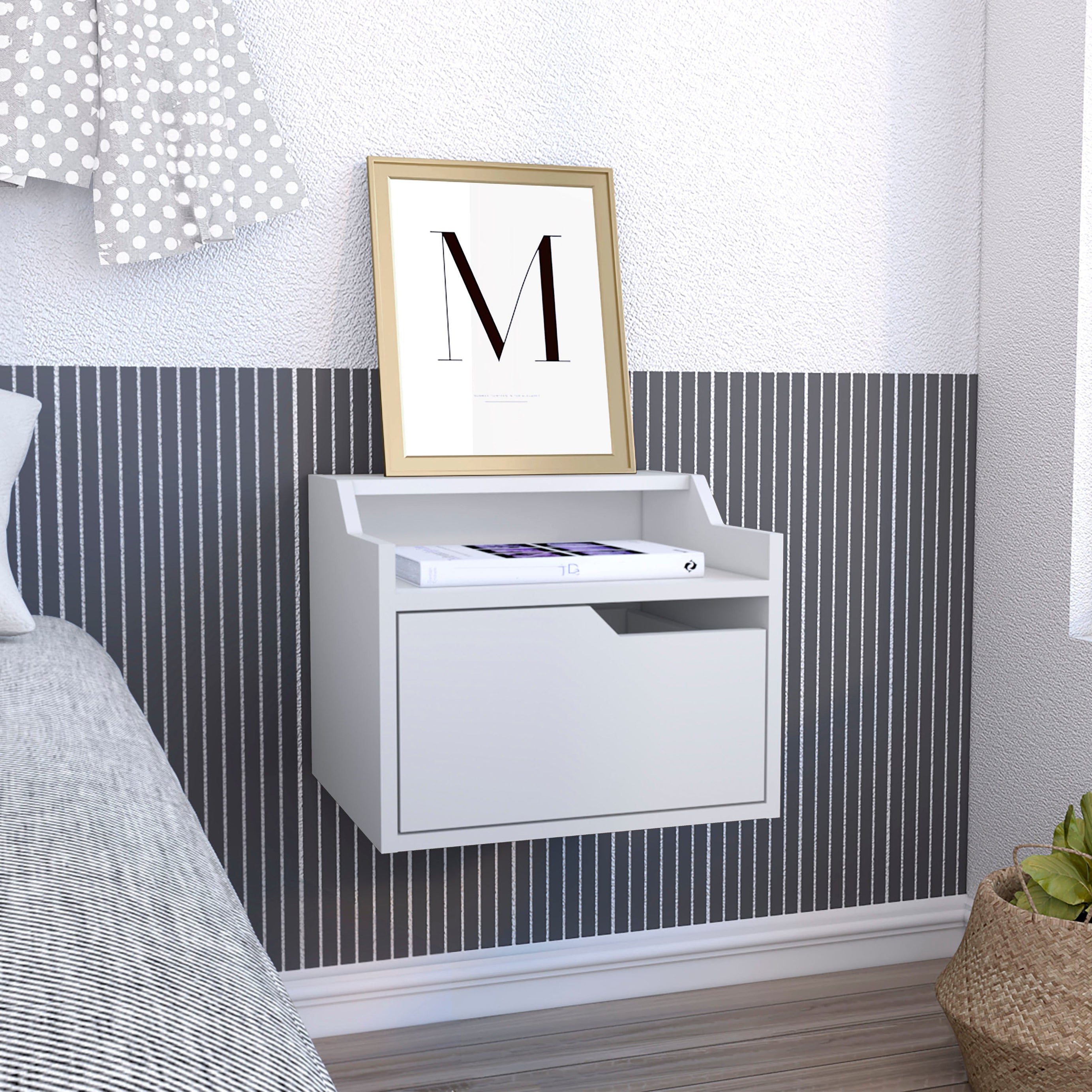 Busan Modern Floating Nightstand , End Table, Side Table Single-Drawer Design with Sleek Two-Tiered Top Shelf Surfaces- White - Bedroom--1