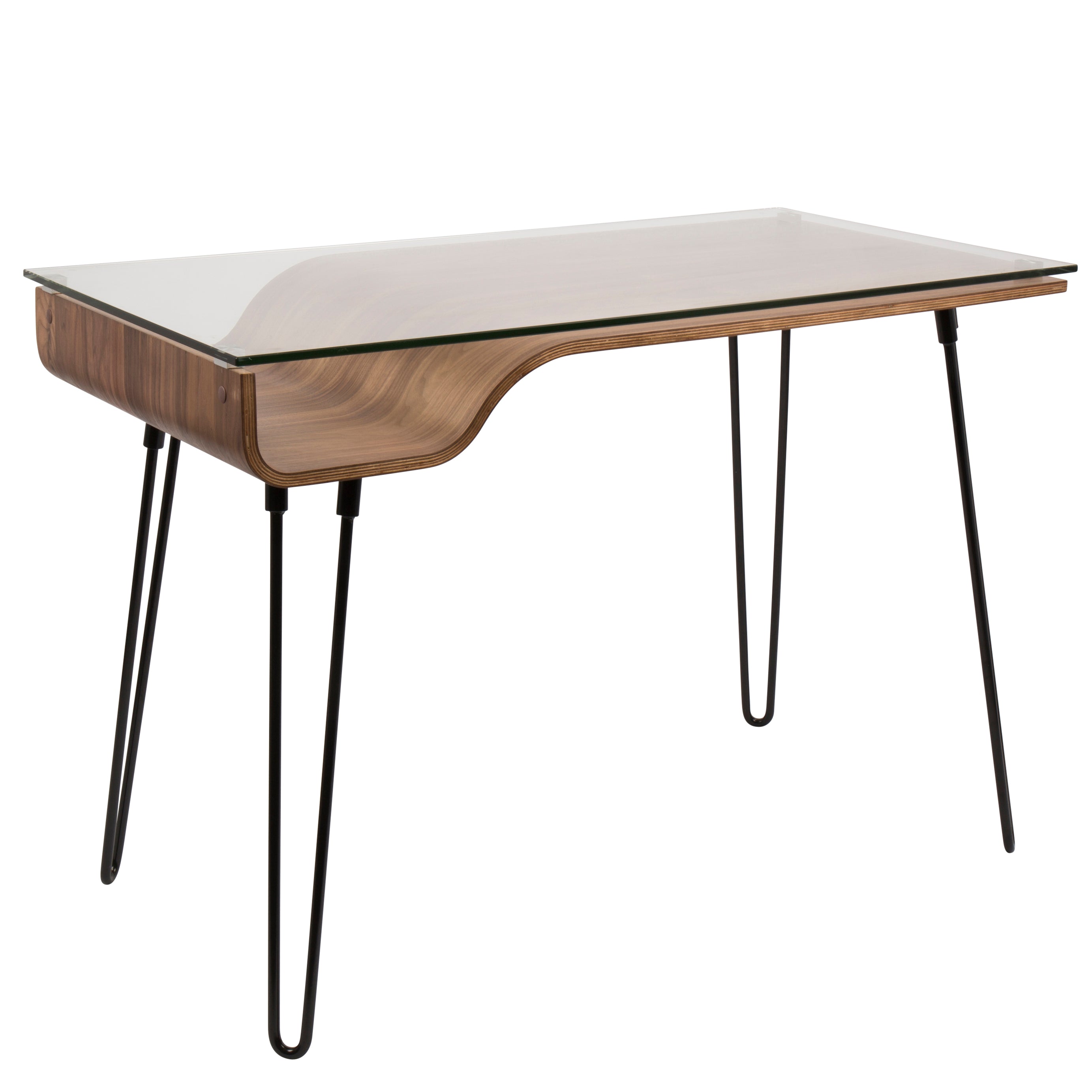 Avery Mid-Century Modern Desk in Walnut Wood, Clear Glass, and Black Metal by LumiSource--1