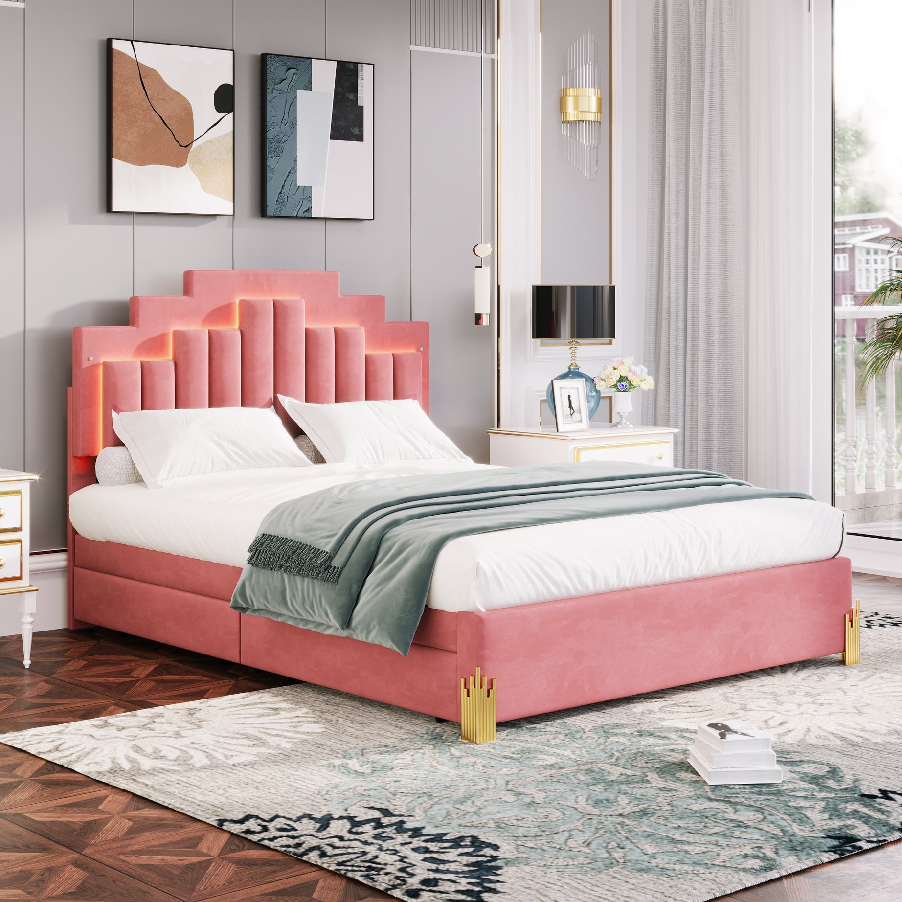 Queen Size Upholstered Platform Bed with LED Lights and 4 Drawers, Stylish Irregular Metal Bed Legs Design, Pink--1