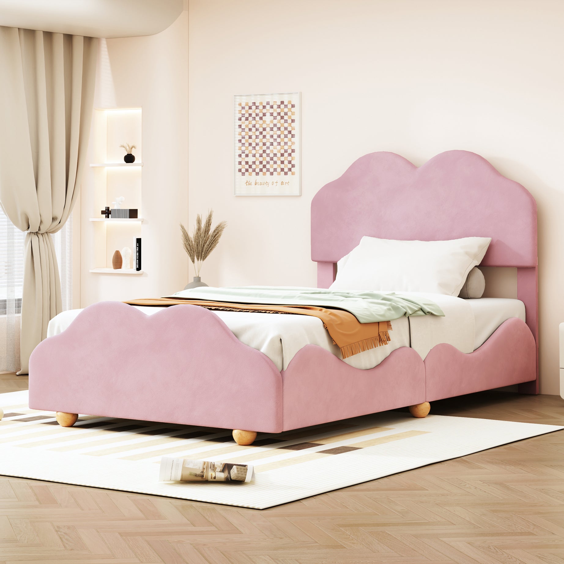 Twin Size Upholstered Platform Bed with Cloud Shaped bed board, Light Pink--1